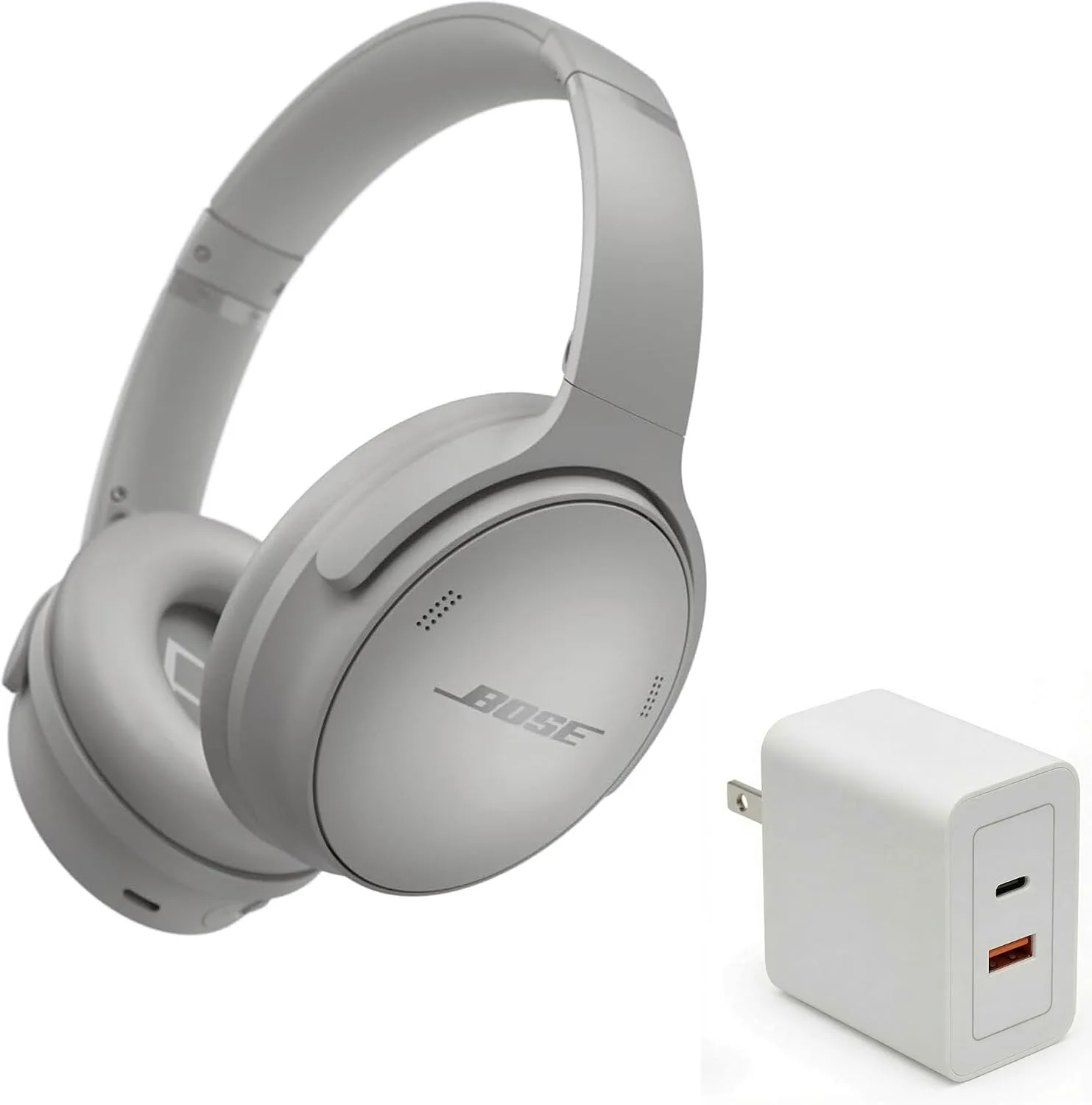 Bose QuietComfort Headphones Bundle with Fast Charger - Wireless Bluetooth Over-Ear Noise Cancelling Headphones with Mic, USB-C Charging, Deep Bass, Up to 24 Hours Playtime (Moonlight Grey)