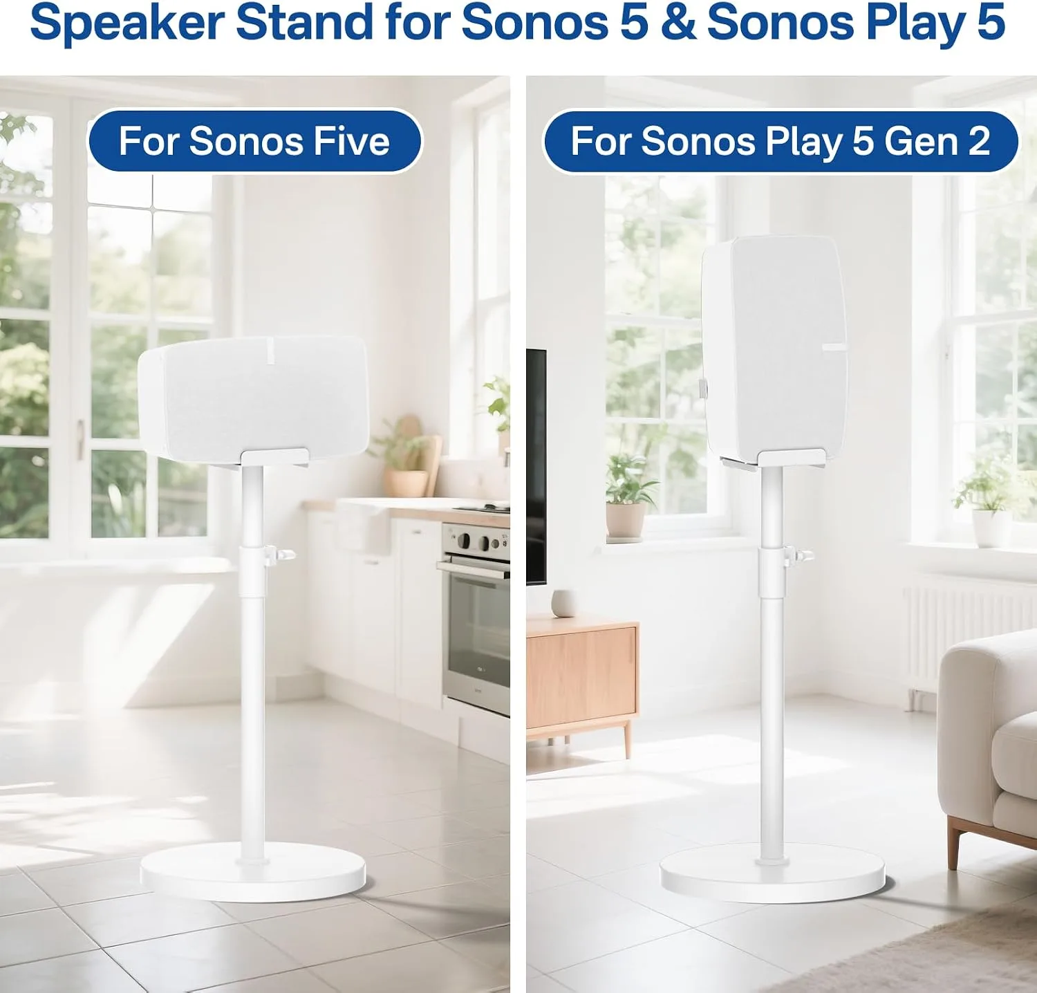 Height Adjustable Floor Speaker Stand for Sonos Five & Play:5, Vertical or Horizontal Placement, Metal Sonos 5 Speaker Stand with Cable Management (White, 1 Pack)