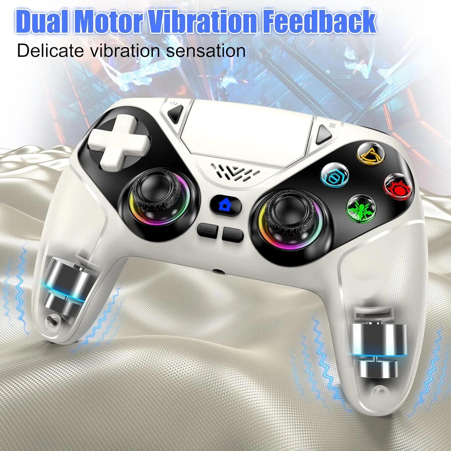 Gamrombo LED Wireless Controller for PS5, Compatible with PS5 Pro/Slim/PC, Dual Vibration, Macro/Turbo Function, 3.5mm Audio Jack, 6-Axis Motion Control Gamepad with Speaker(White)