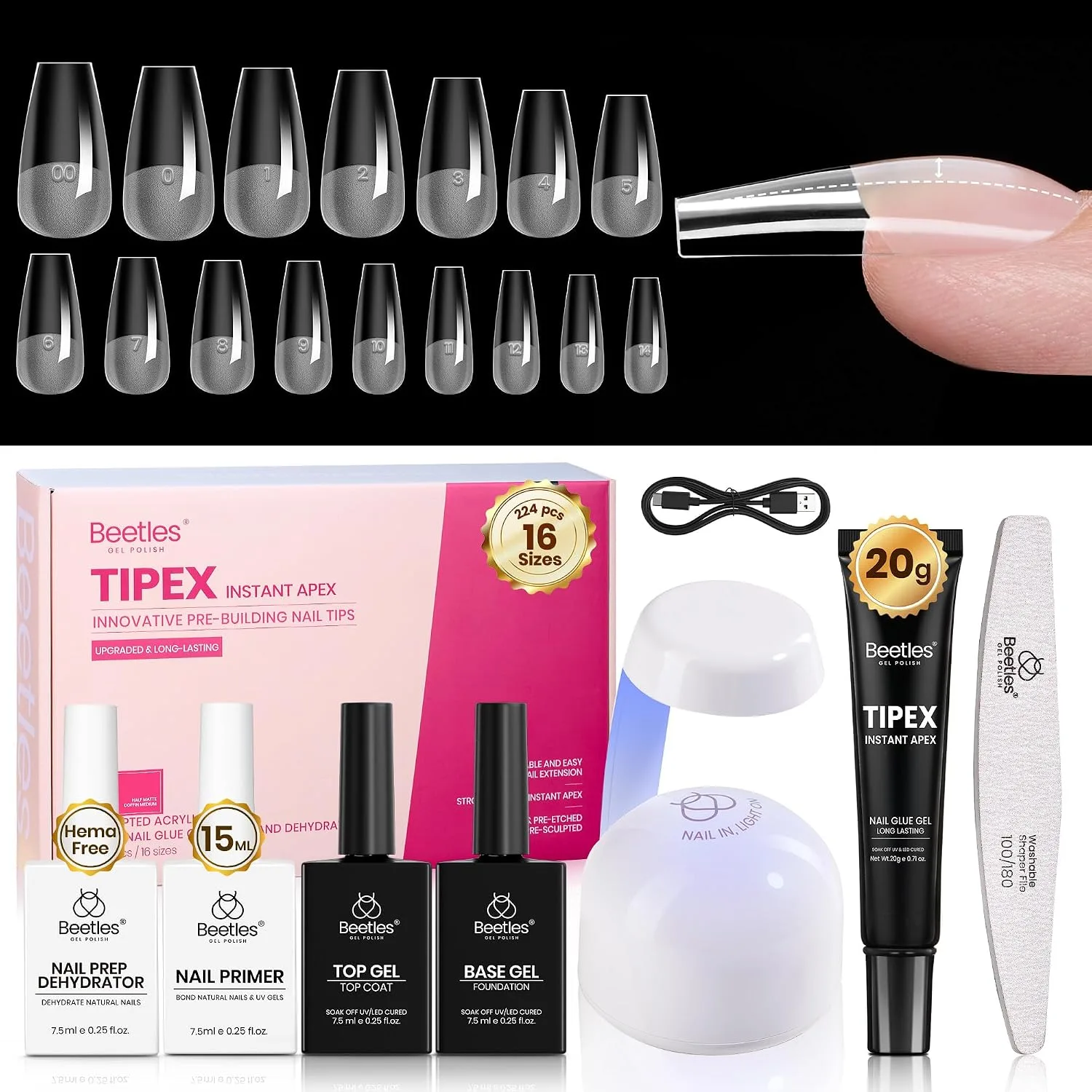 Beetles Tipex Instant Apex Nail Tips Kit, Medium Coffin, 224pcs 16 Sizes
