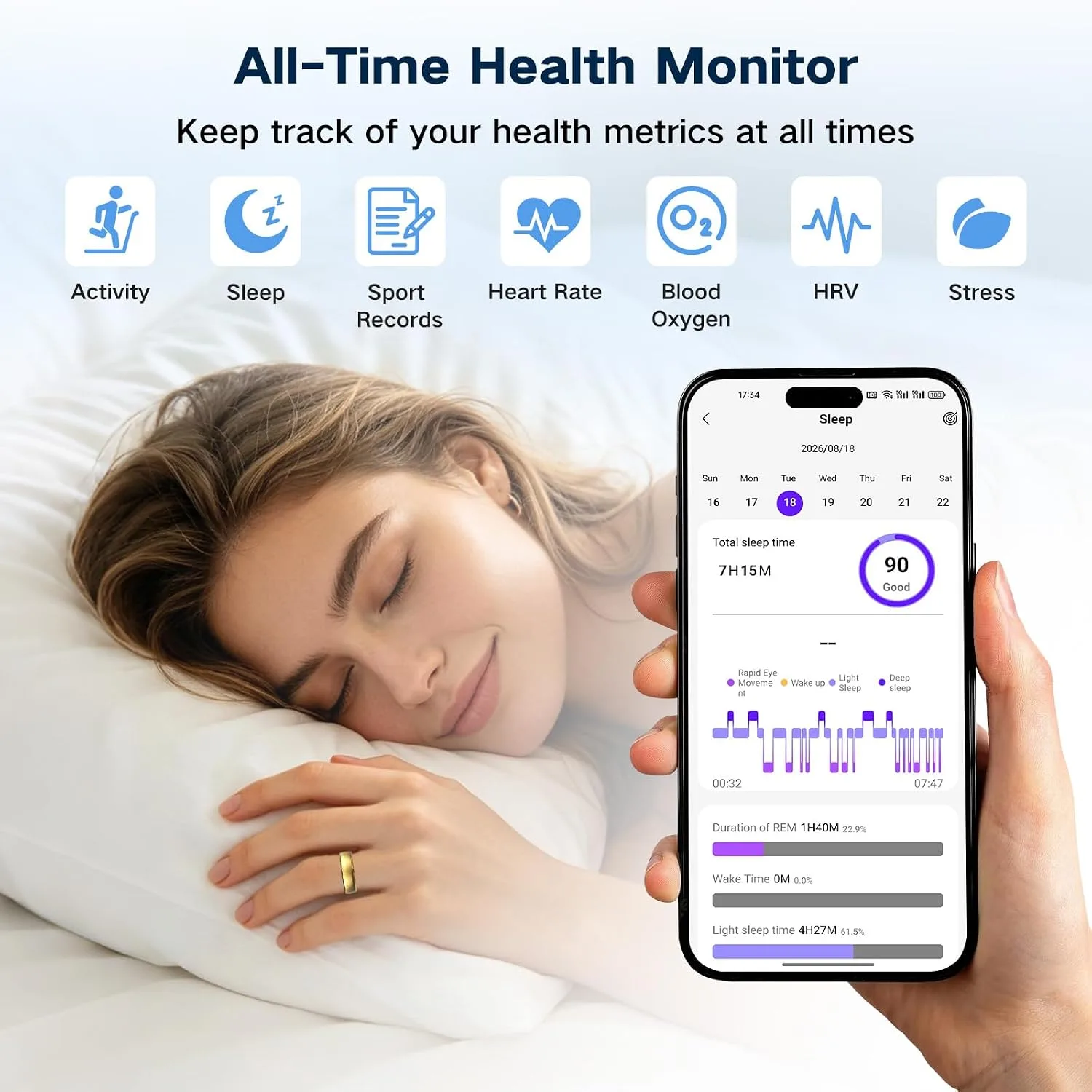 Smart Ring Health Tracker for Men and Women,Fitness Tracker Ring(Gold,7)
