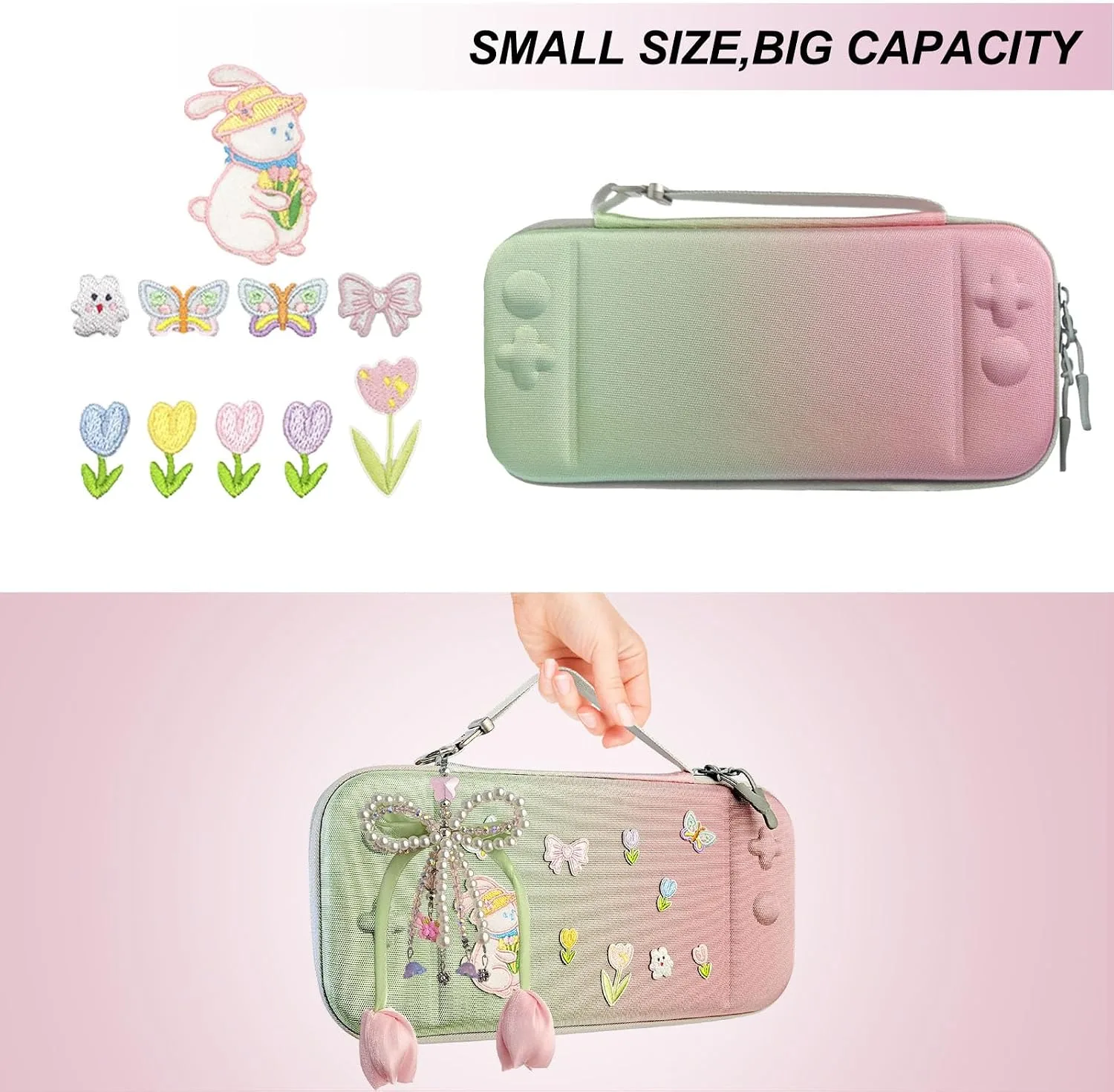 Cute Travel Carrying Case for Switch 2 2025 with Silicone j-con Covers, Thumb Grip Caps, Screen Protector, Flower Strap, Charms and Embroidery stickers for Girls Women, Pink Green