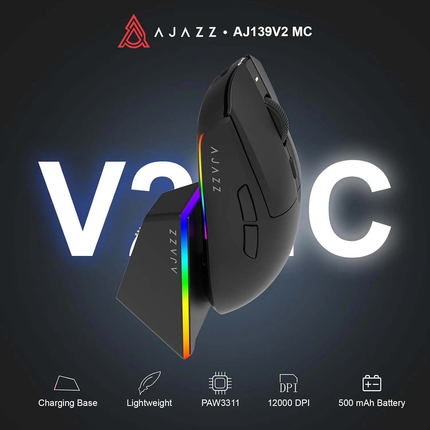 AJAZZ AJ139 V2 MC Wireless Gaming Mouse with RGB Charging Dock, 66g Ultra-Lightweight Tri-Mode Optical Mouse, 24000 DPI PAW3311 Sensor, Ergonomic Rechargeable Gaming Mouse for PC/Mac - Black