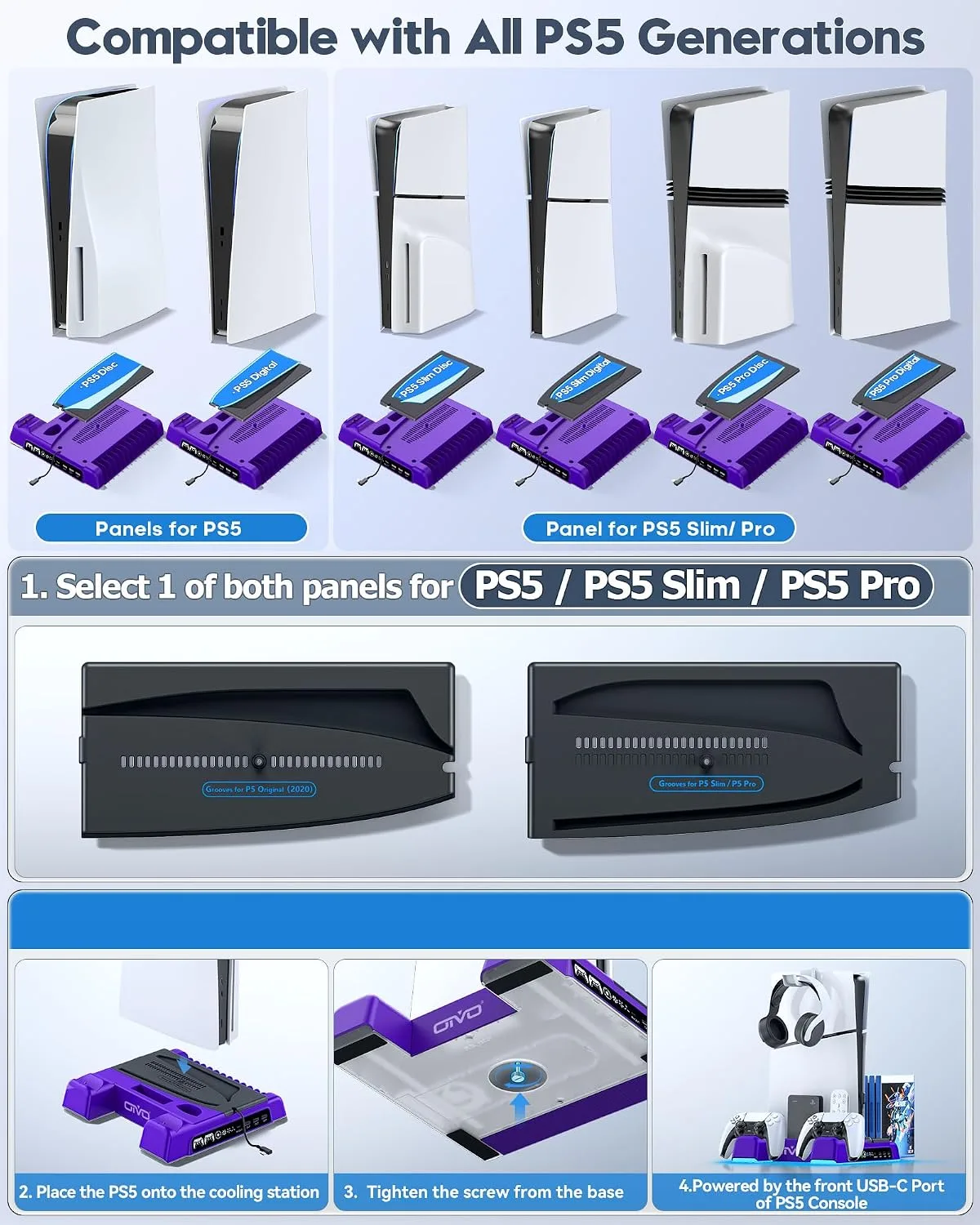PS5/Slim/Pro Stand and Cooling Station with LED Controller Charging Station for PlayStation 5 Console, Controller Charger, Cooling Stand, PS5/Slim/Pro Skin Accessories Kit with 3 Level Cooler Fan