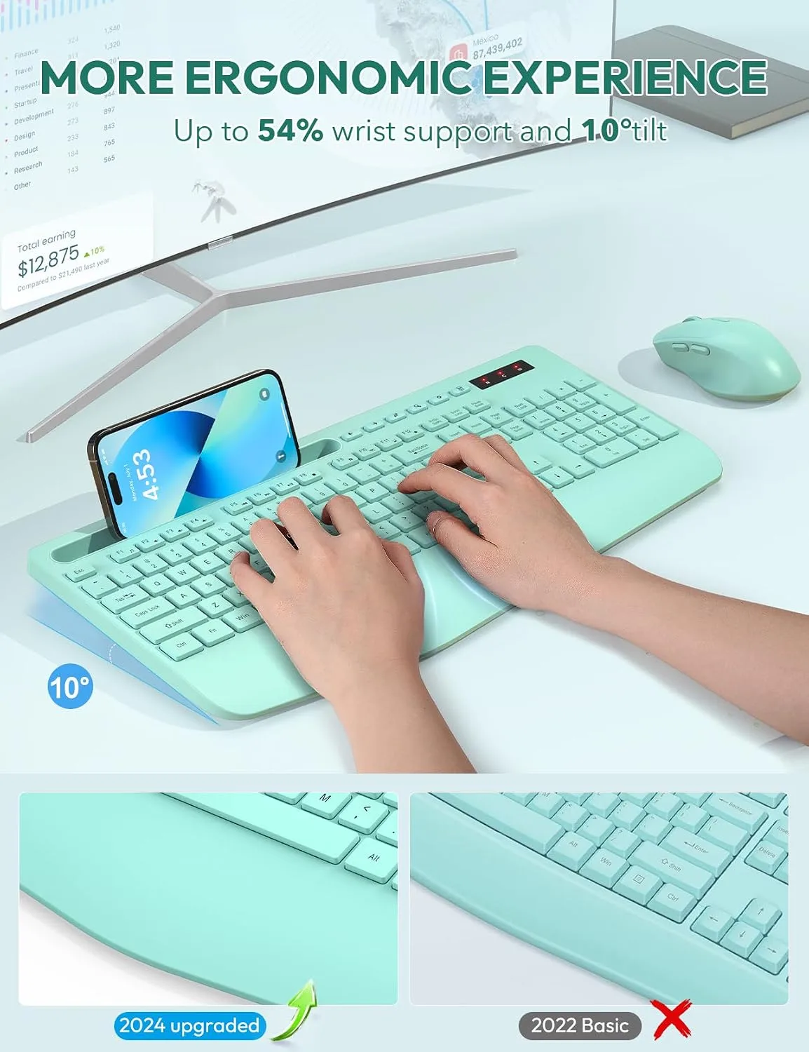 SABLUTE Wireless Keyboard and Mouse Combo, 2.4GHz, Ergonomic Wrist Rest