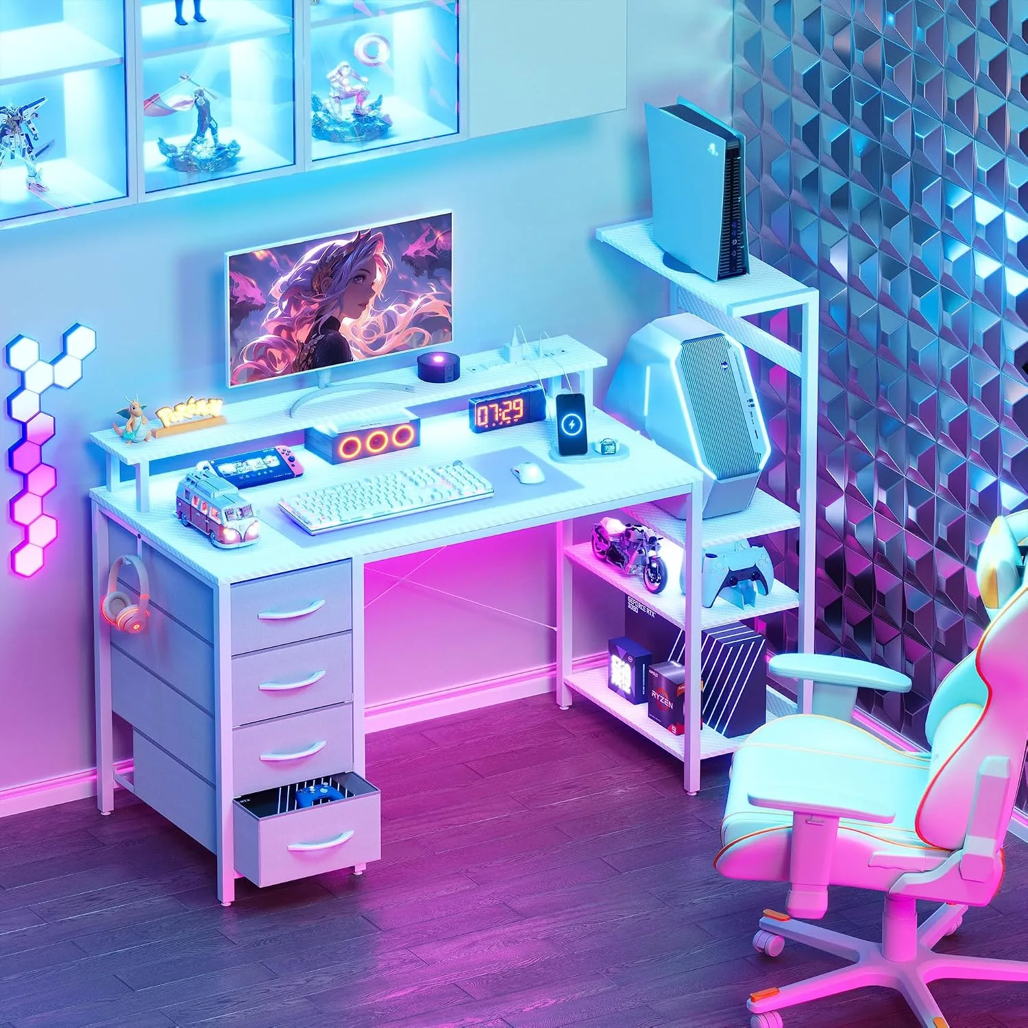 51 Inch Gaming Desk with Drawers & PC Tower Stand & LED Lights, White