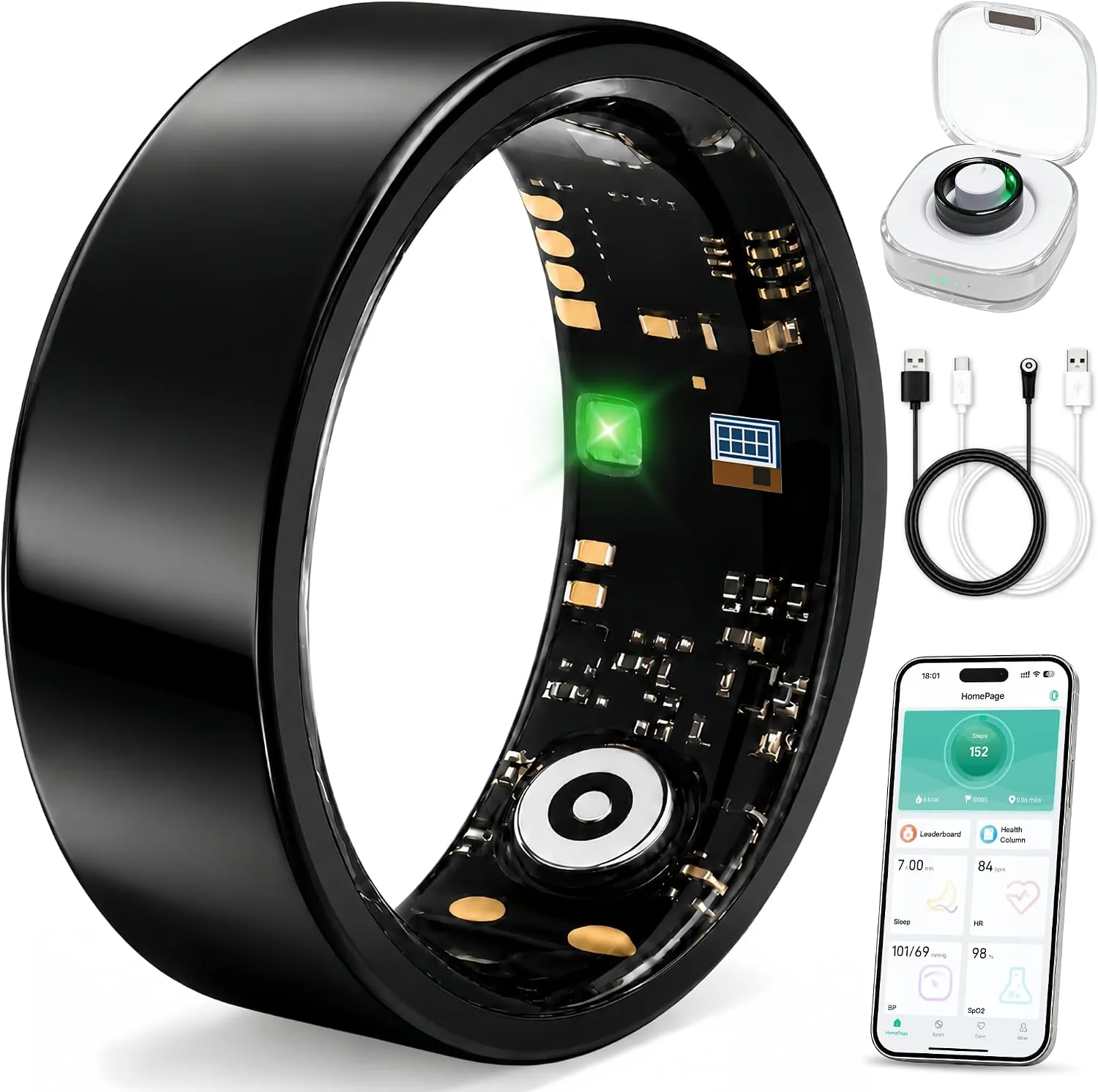 Smart Ring for Women & Men, Sleep and Fitness Tracker (Black, 6)