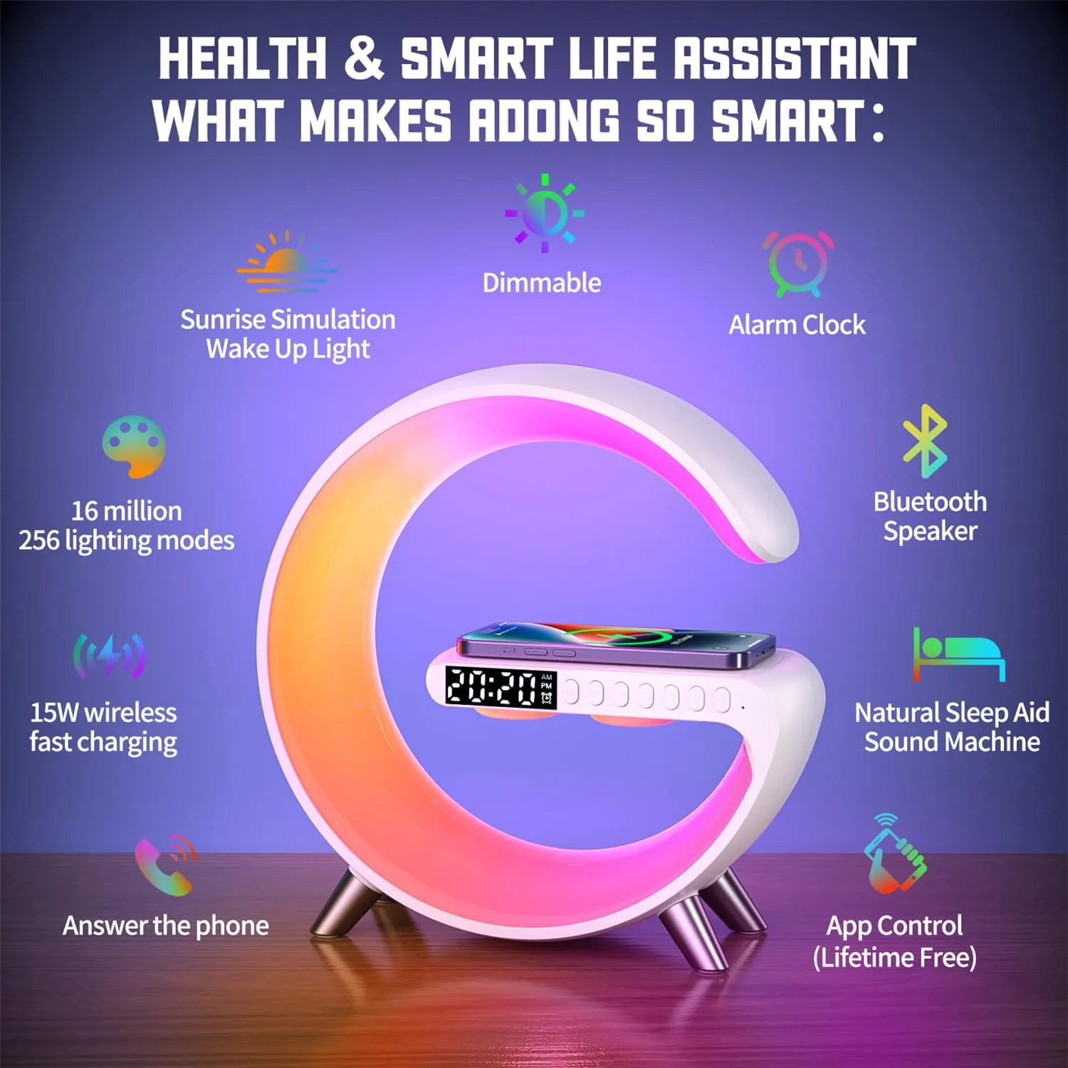 Smart LED Table Lamp, 4-in-1 Wireless Charger, Night Light, Alarm Clock, Bluetooth Speaker with App Control, Bedside Lamp with Charging Station for Bedroom, Office, Home Decor, Teen Girls Boys Gifts