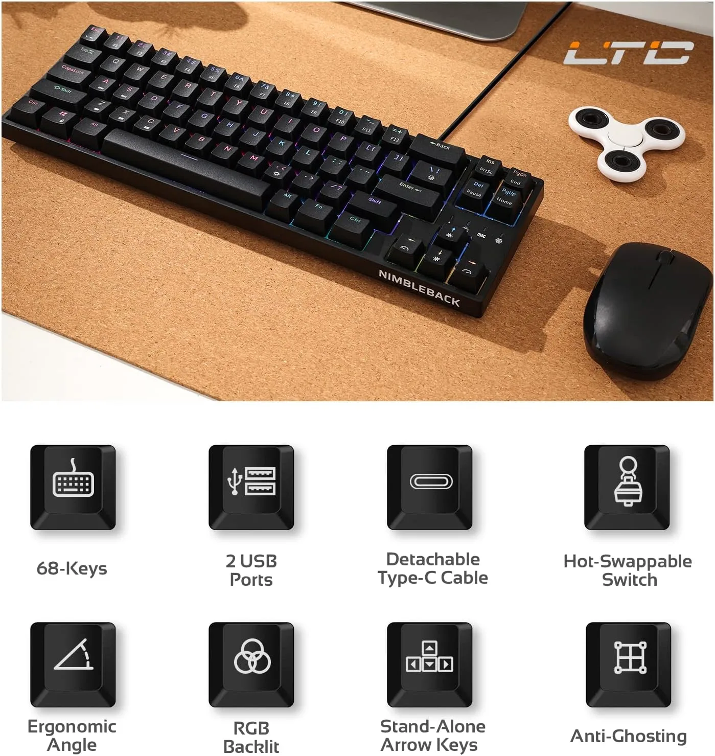 LTC NB681 Nimbleback Wired 65% Mechanical Keyboard, RGB Backlit Ultra-Compact 68 Keys Gaming Keyboard with Hot-Swappable Switch and Stand-Alone Arrow/Control Keys (Hot Swappable Blue Switch, Black)