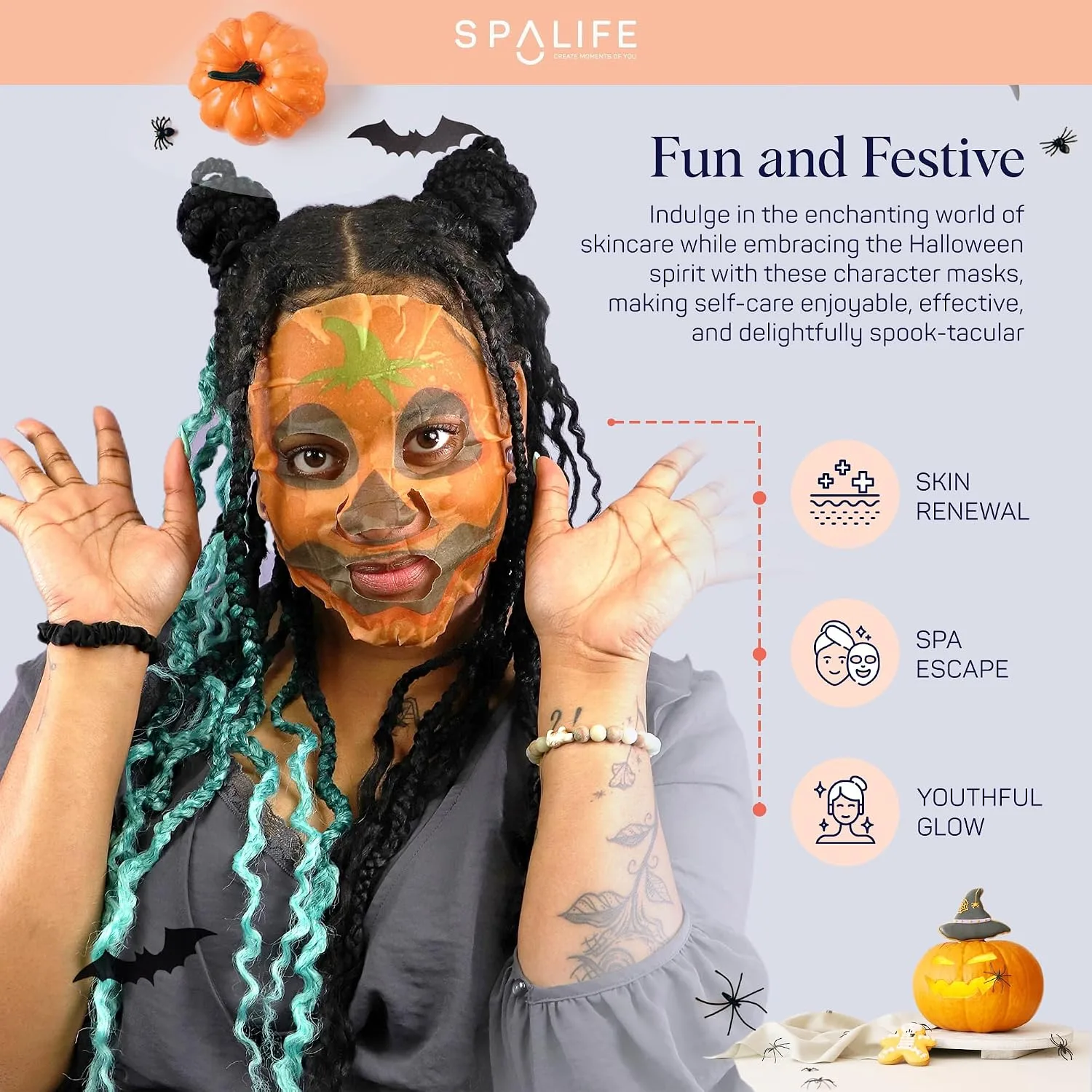 SpaLife Facial Mask Sheet Bundle - Pumpkin, Ghost, Bat - Halloween Character Mask Bundle - Face Masks for Skin Care - Moisturizing Sheet Face Masks - Skincare Pack for Women - Spa Beauty Masks