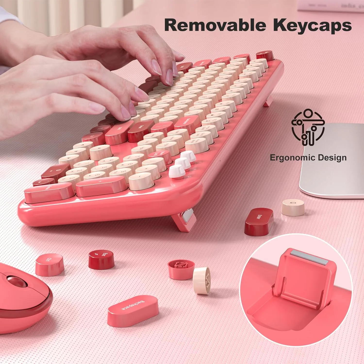 MOFII Wireless Keyboard and Mouse Combo, Full-Size Retro Typewriter-Style Wireless Keyboard with Optical Mouse for Computer/Laptop/Windows/Mac (Rose Red)