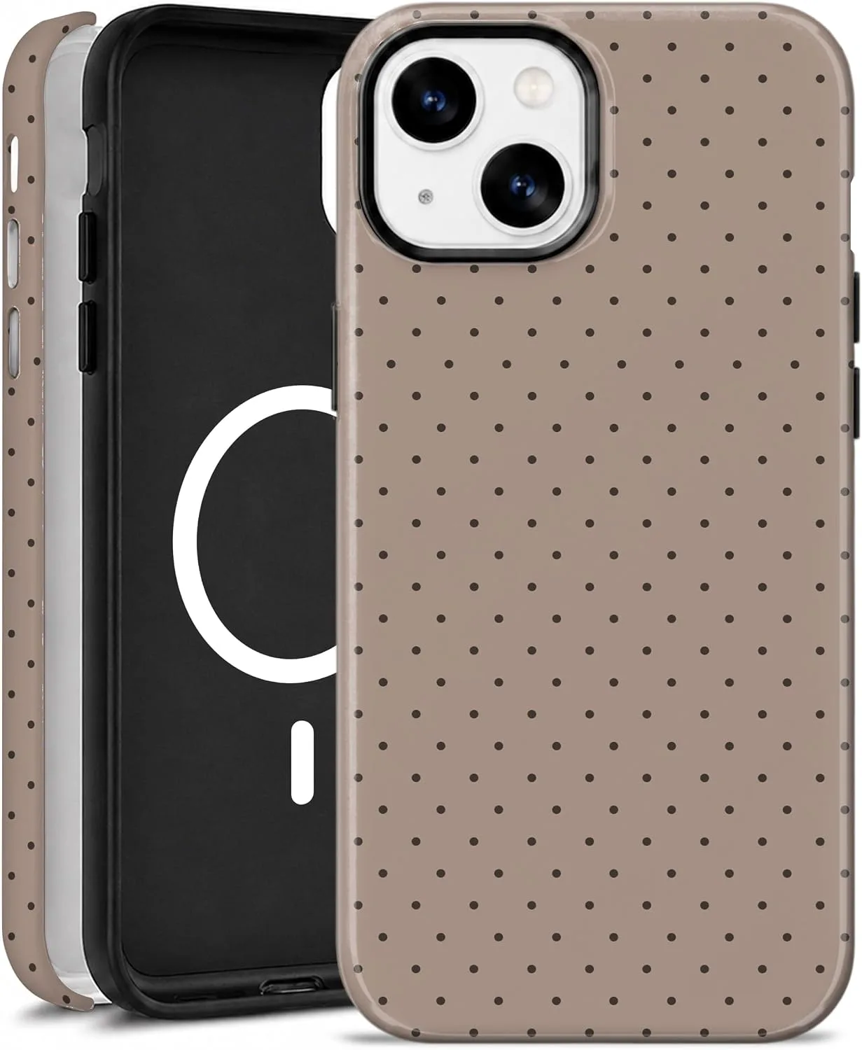 Funda magnética para iPhone 13/14 Elystara lunares marrón y blanco