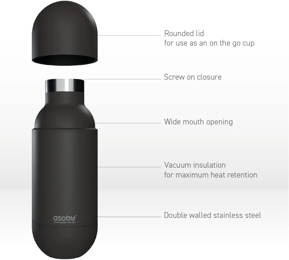 Asobu Orb Stainless Steel Double Wall Insulated Travel Water Bottle – Lid Doubles as a Cup 14 Ounce