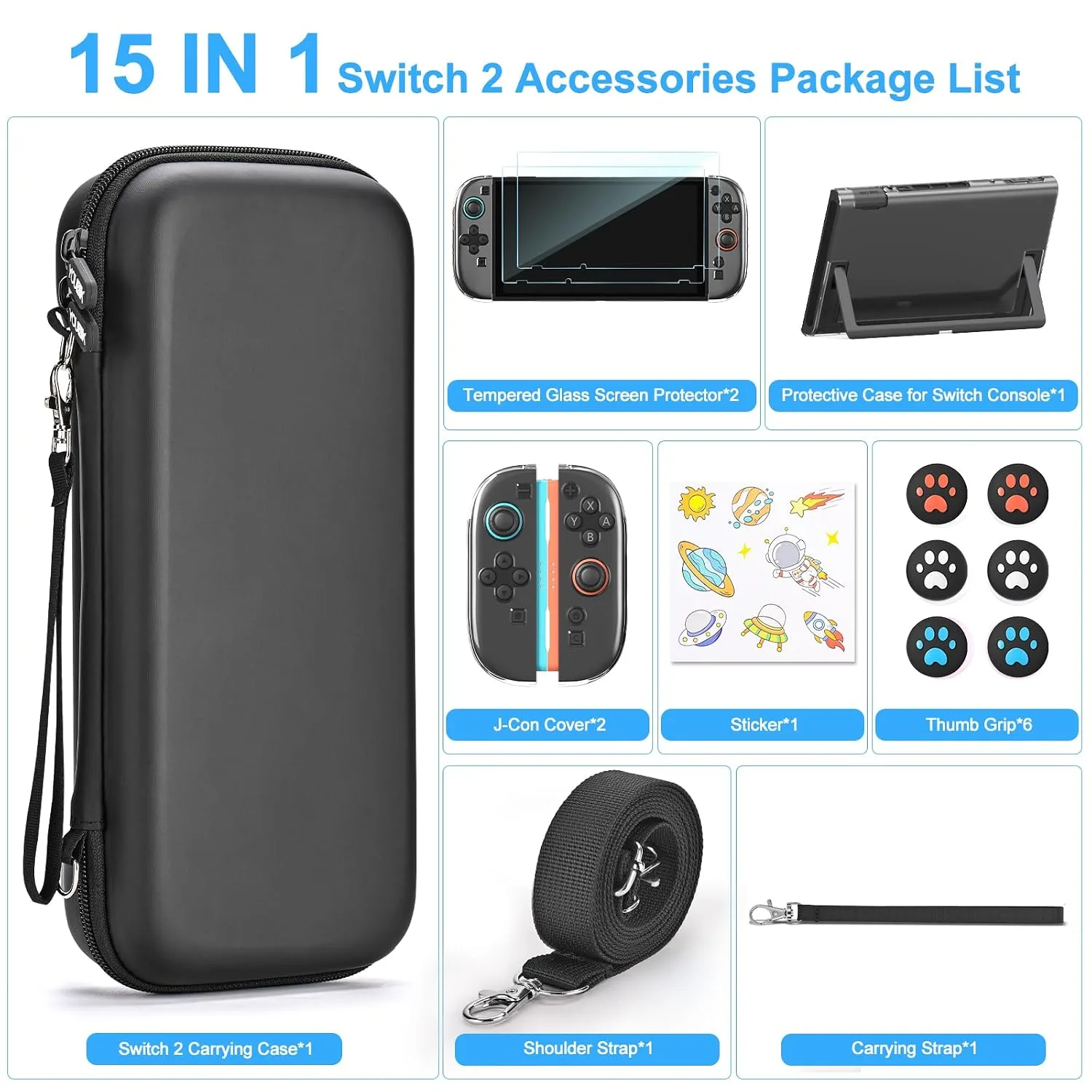 Younik Switch 2 Accessories Bundle, 15 in 1 Black Switch 2 Accessories Kit for Girls Include Switch 2 Carrying Case, Shoulder Strap, Wrist Strap & Stickers, Protective Case for Switch Console & J-Con