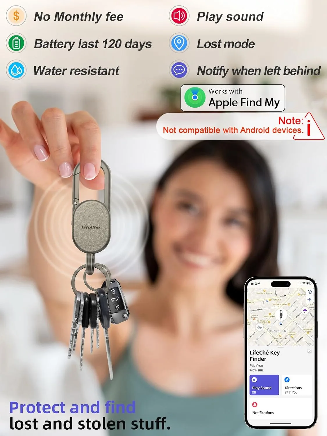Find My Key Finder, Stainless Steel Keychain, Rechargeable Tracker