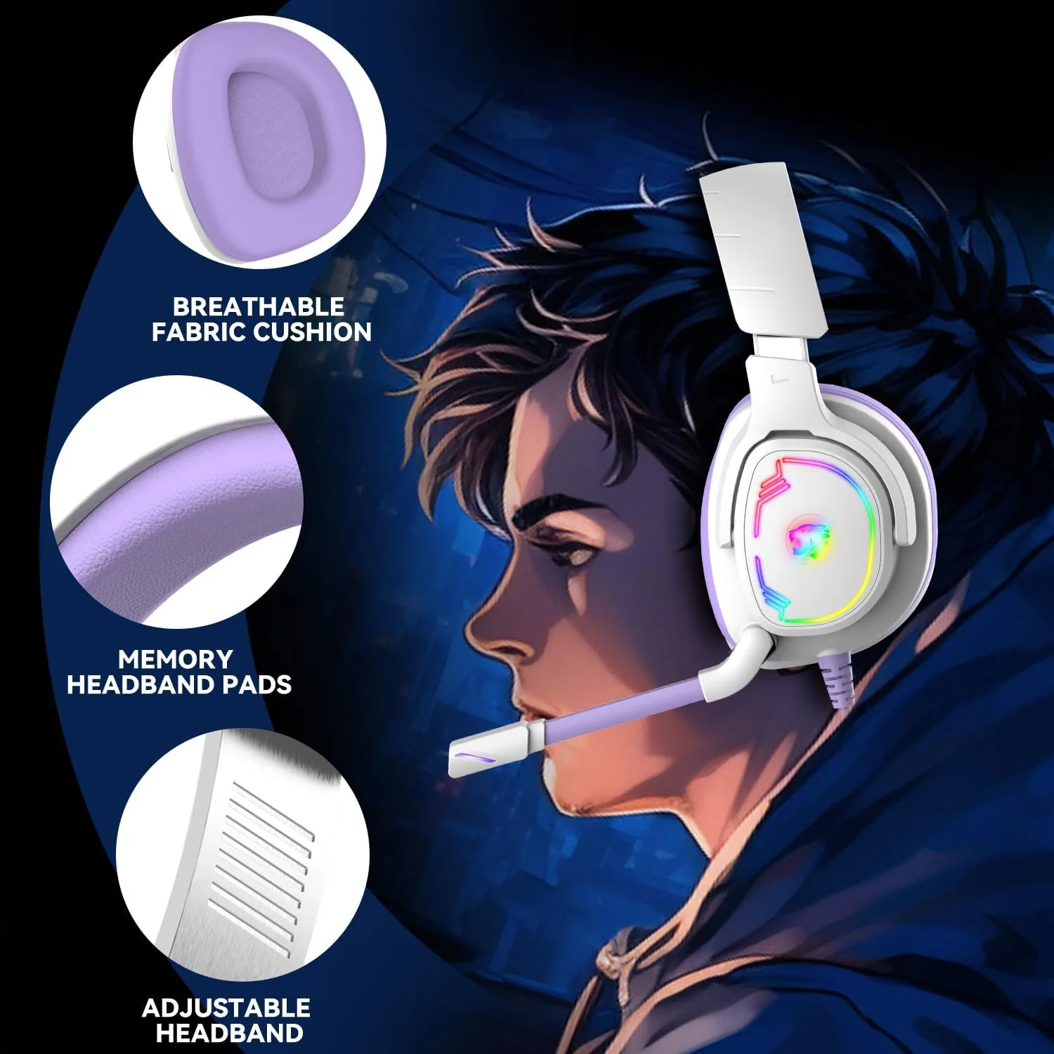 Jimonyer Gaming Headset for PS5 PS4 PC Xbox Series X|S Switch, 7.1 Stereo Surround Sound Over Ear Headphones with Noise Canceling Mic, RGB LED Light, Soft Memory Earmuffs for Gaming or Work, Purple