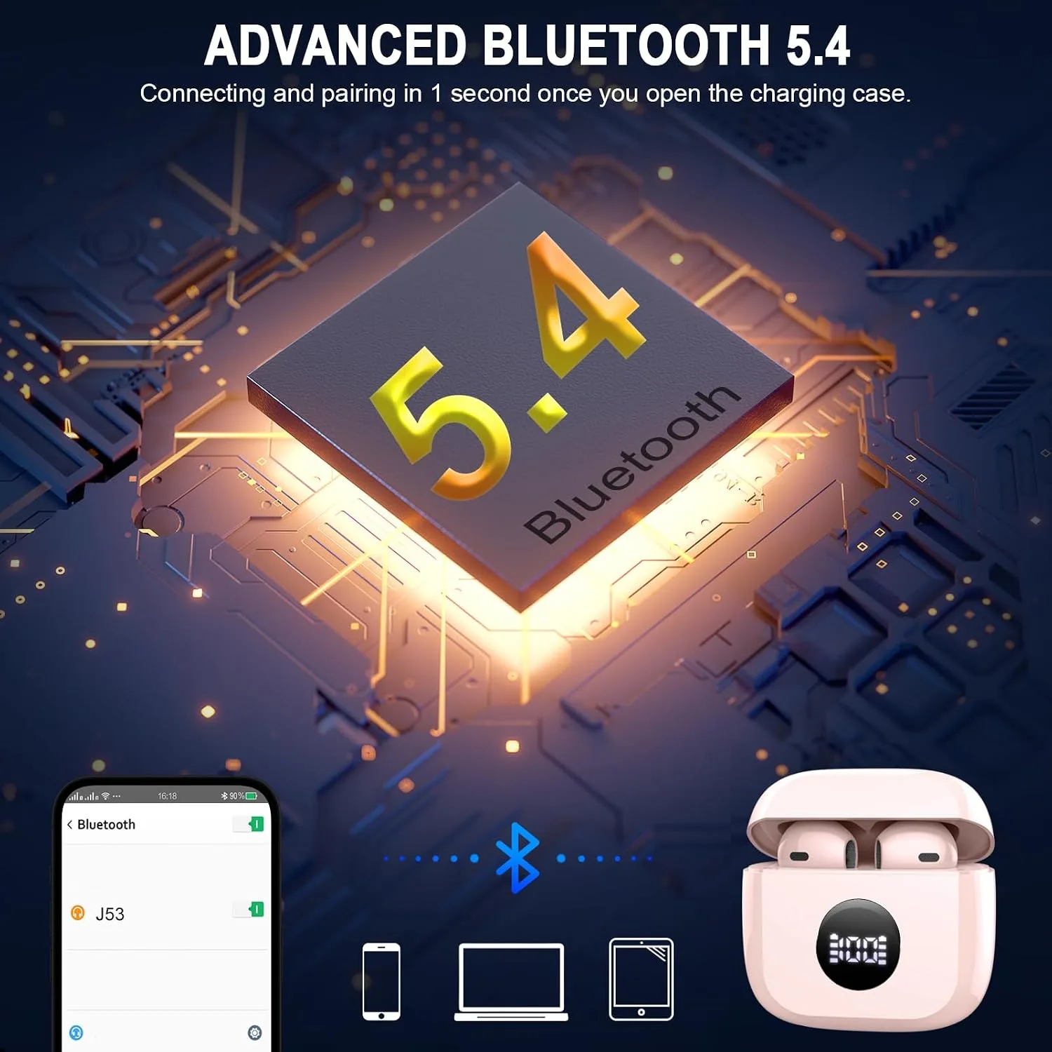 Jxrev Wireless Bluetooth 5.4 Earbuds, 6D Stereo Ear Buds, LED Power Display