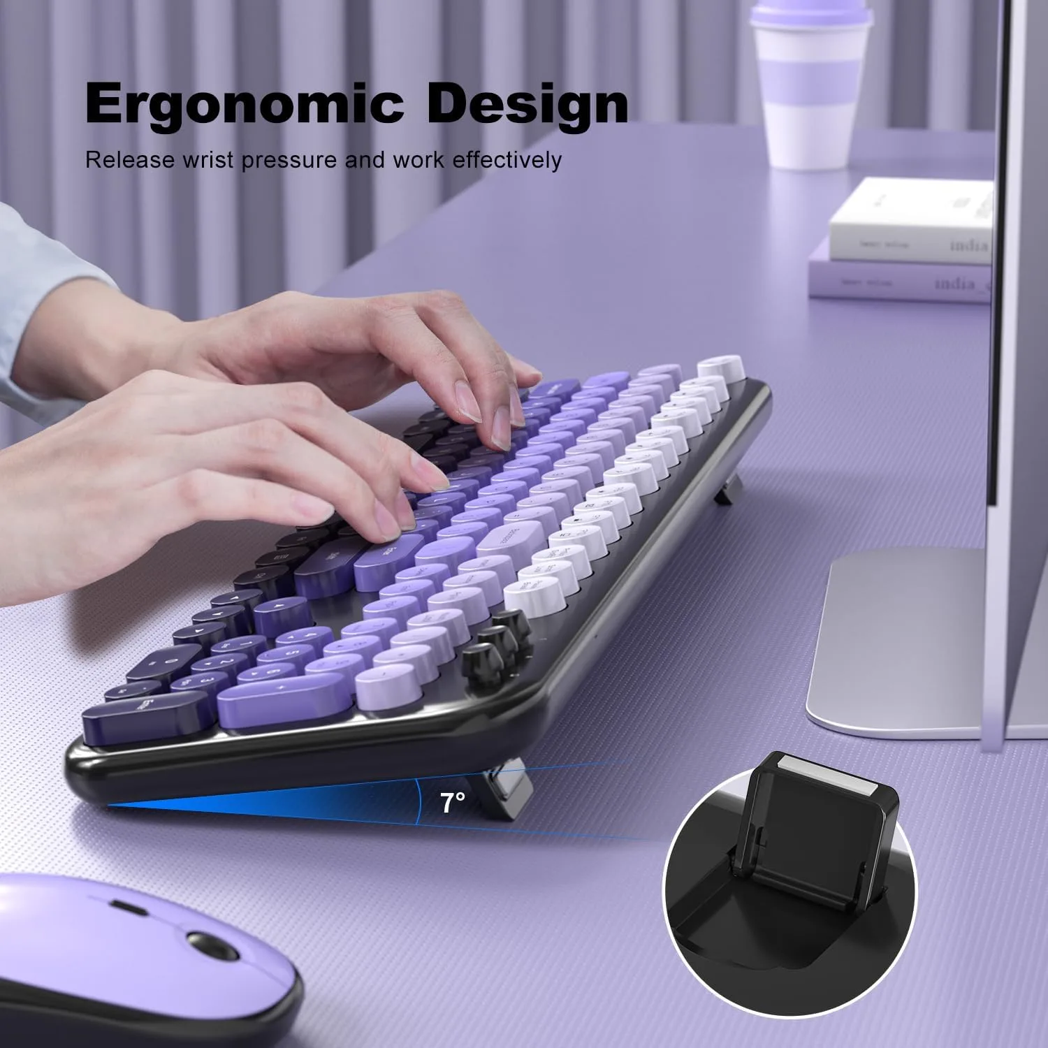 MOFII Wireless Keyboard and Mouse Combo, Full Size 2.4G Retro Round Computer Keyboard and Mouse Set, Plug and Play, for Windows, Computer, Desktop, PC, Notebook - (Black Purple Gradient)