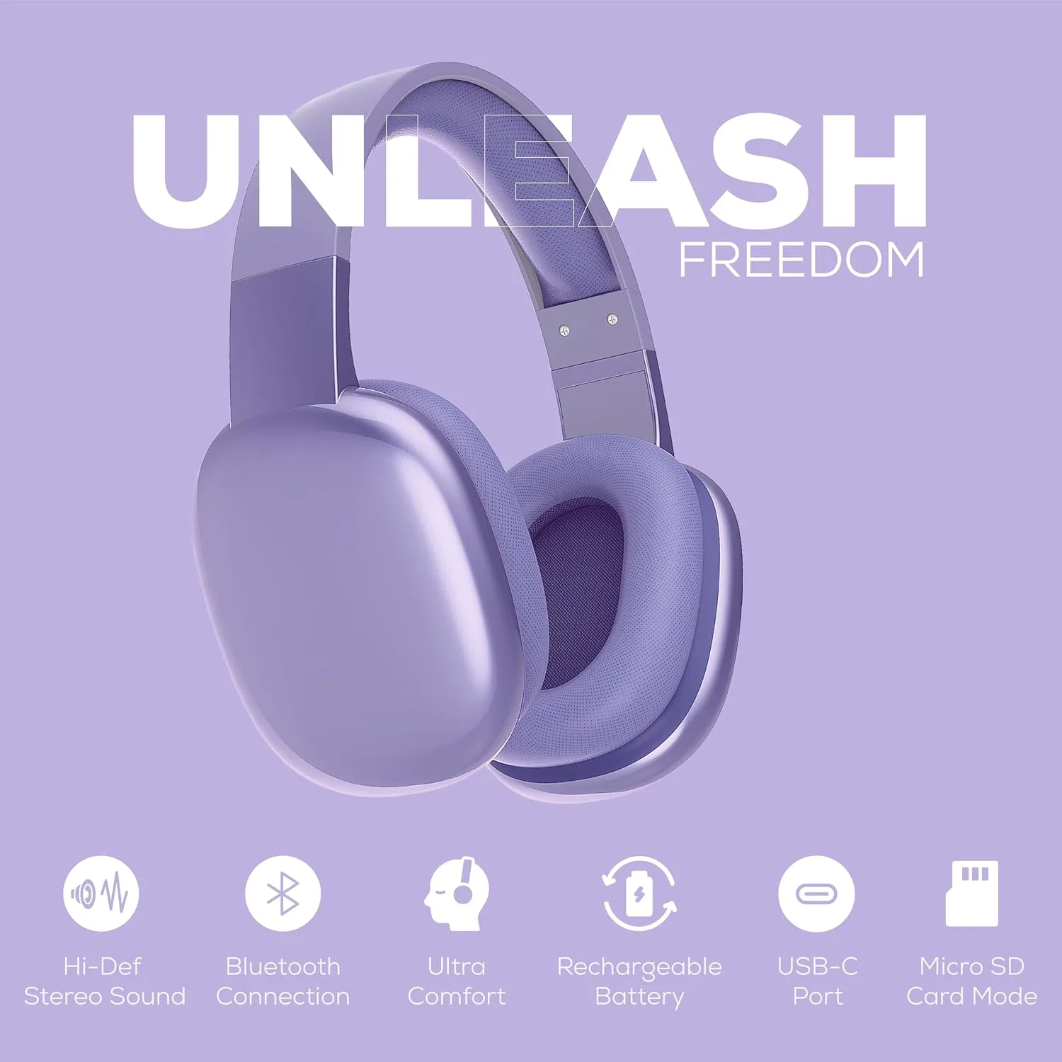 Gabba Goods Platinum Vibe Wireless Over Ear Bluetooth Headphones With Microphone - Noise Reduction - Bluetooth, Wired, Built In Micro SD For Travel, Home, Work TV, PC, Gaming, Cellphone (Lavender)