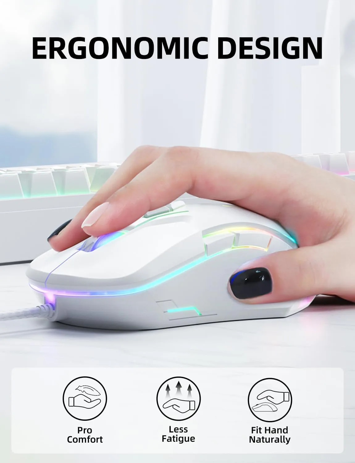 Wired PC Gaming Mouse: High Precision Sensor,RGB Backlit, Adjustable DPI, 7 Buttons Programmable,Ergonomic mice for Office & Gaming on Windows/Mac/Linux/Chrome-White