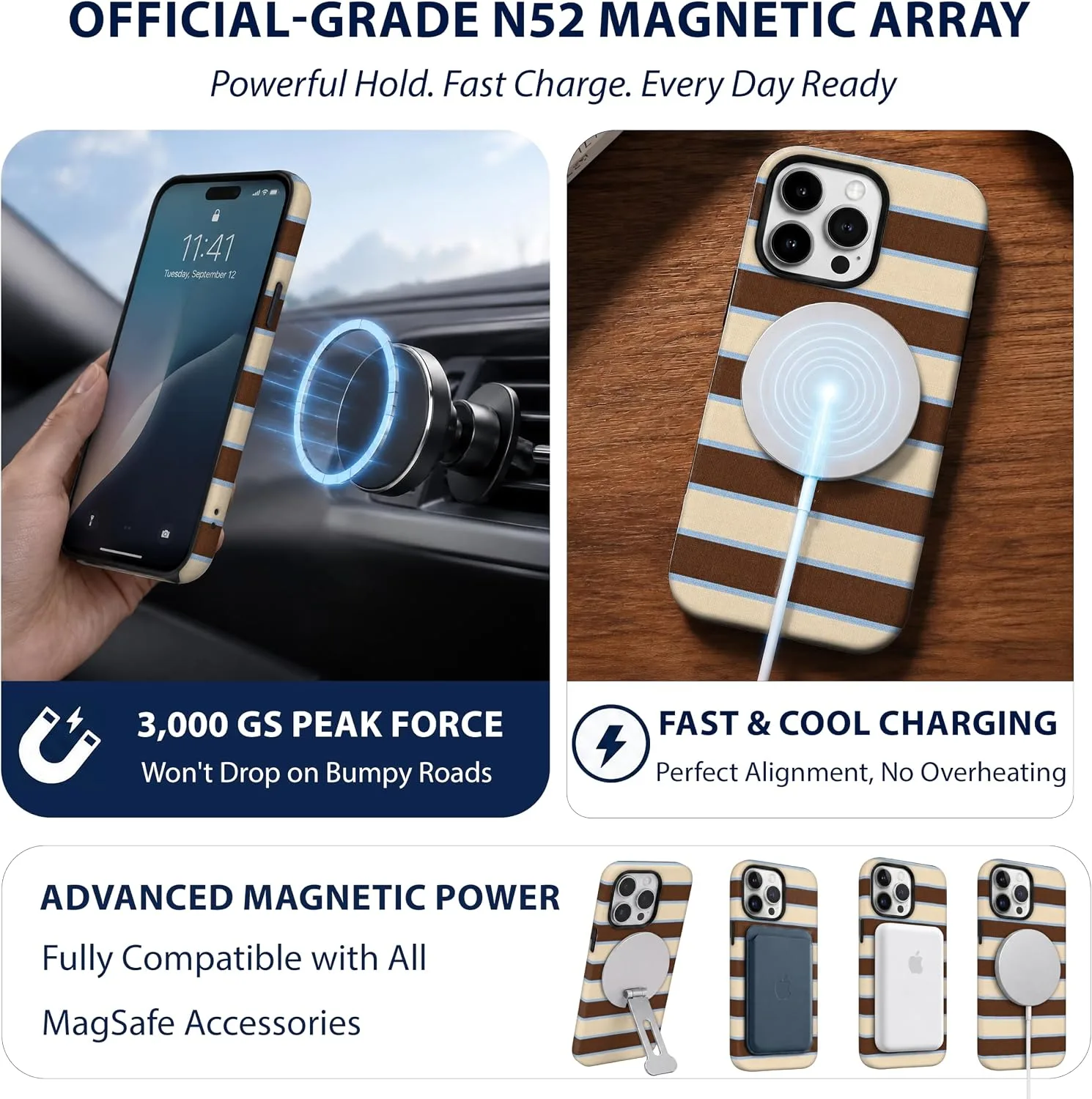 Magnetic for iPhone 15 Pro Max Brown Horizontal Striped Phone Case