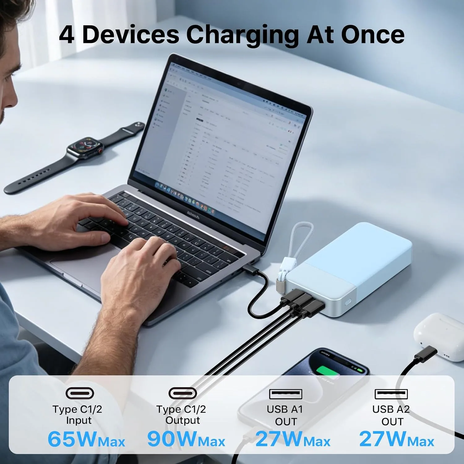 NOBIS Portable Charger 20000mAh 90W Power Bank w/Detachable Cable