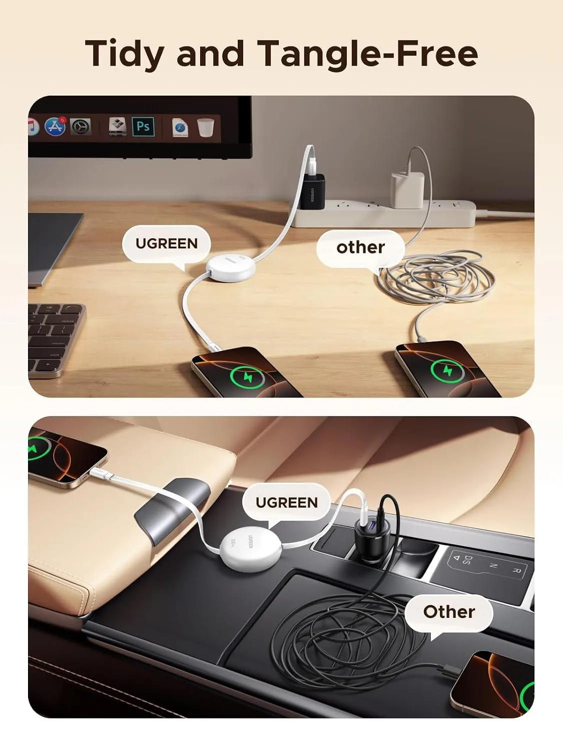UGREEN 100W Retractable USB C Cable, Fast Charging, White, 3.3ft