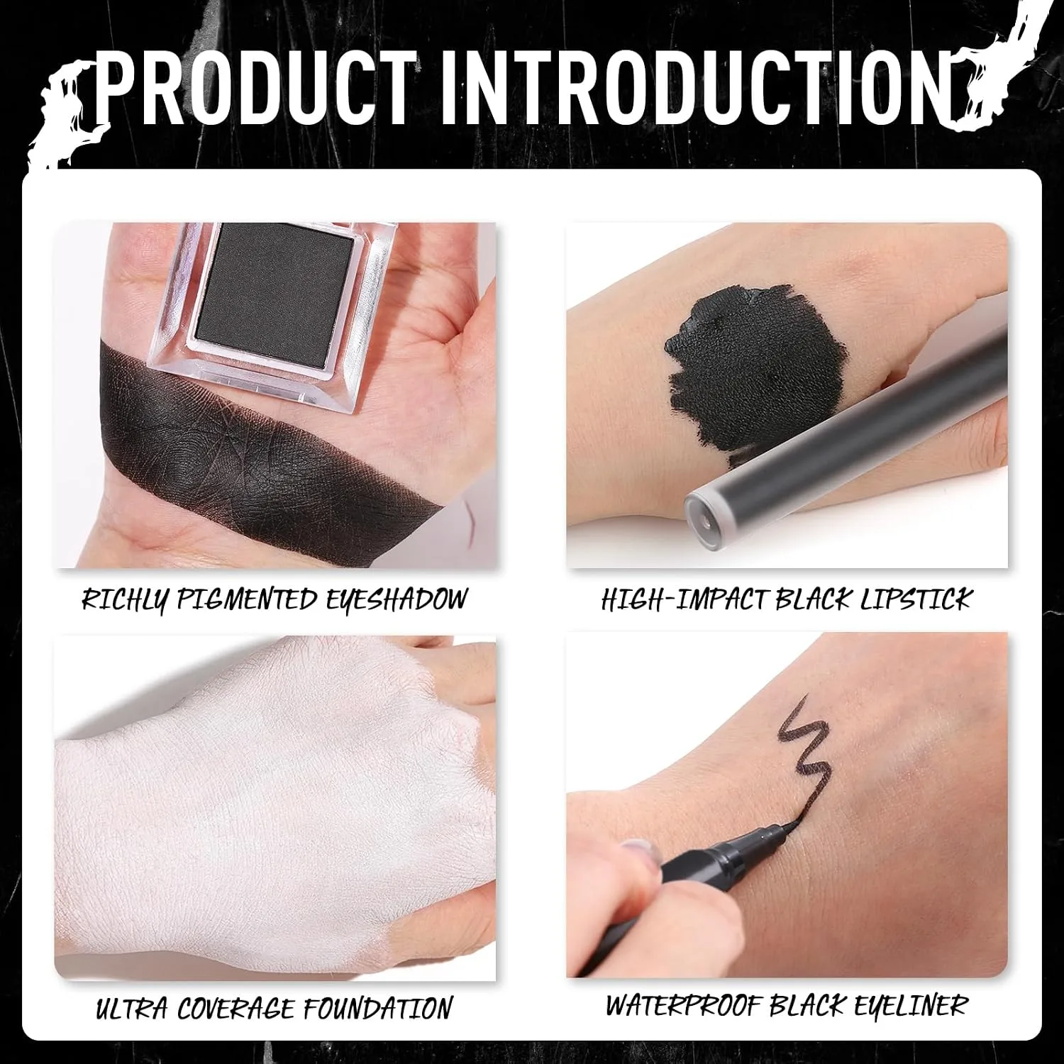 UCANBE Halloween Makeup Kit – Black Eyeshadow, White Liquid Foundation, Black Liquid Lipstick & Eyeliner, Self Adhensive Eyelashes, Brush & Sponges Makeup Set for SFX Cosplay Skeleton Skull Demon