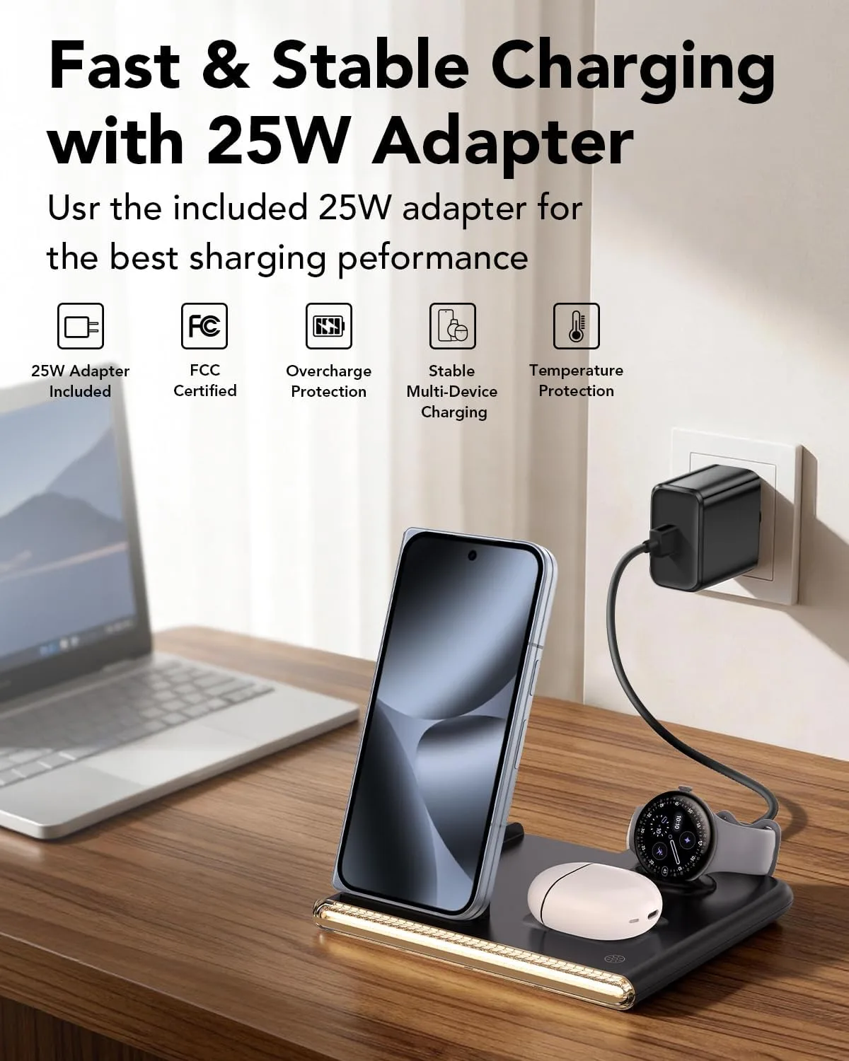 3 in 1 Foldable Wireless Fast Charging Station for Google Pixel Watch 5/4