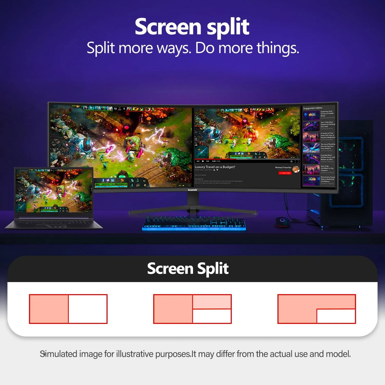 Gawfolk 49 Inch Ultra-Wide Curved Gaming Monitor 165Hz PC Screen 3840x1080