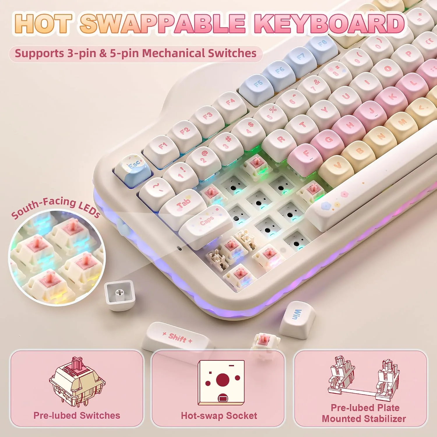 YUNZII C98 Cute Cake Wireless Mechanical Keyboard (Beige, Candy Switch)