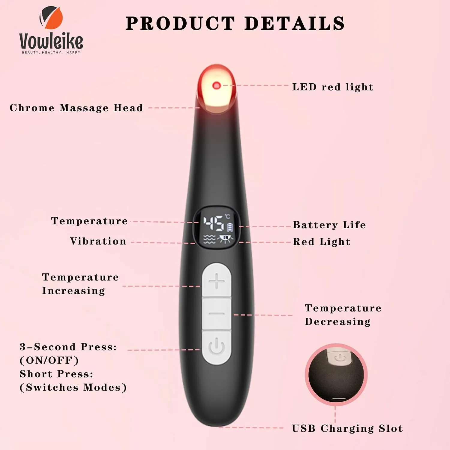 Heated Eye Wand, 3-in-1 Vibrating Eye Lift Wand, Black
