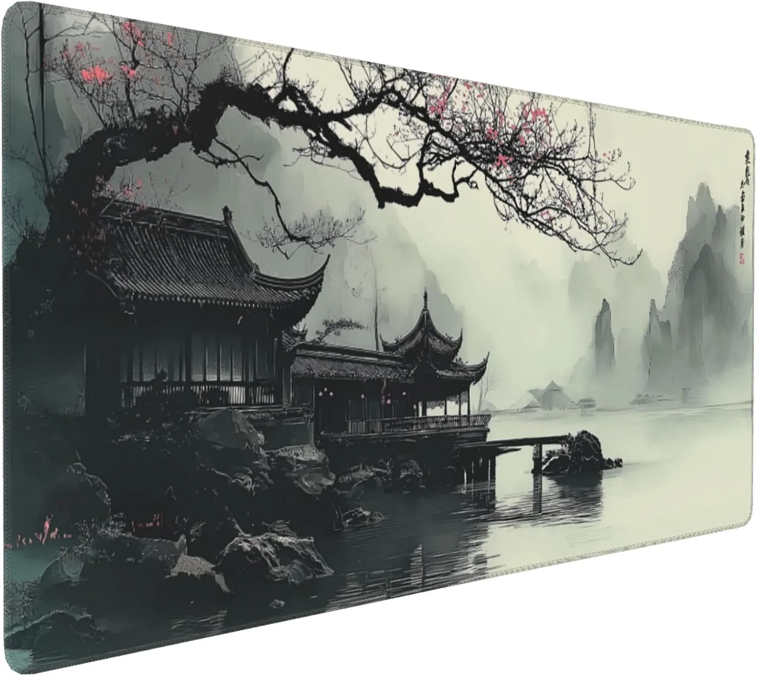 XL Extended Mouse Pad & Keyboard Desk Mat, Japanese Watercolor Cherry Blossom, Non-Slip Rubber Base, 35.4" x 15.7