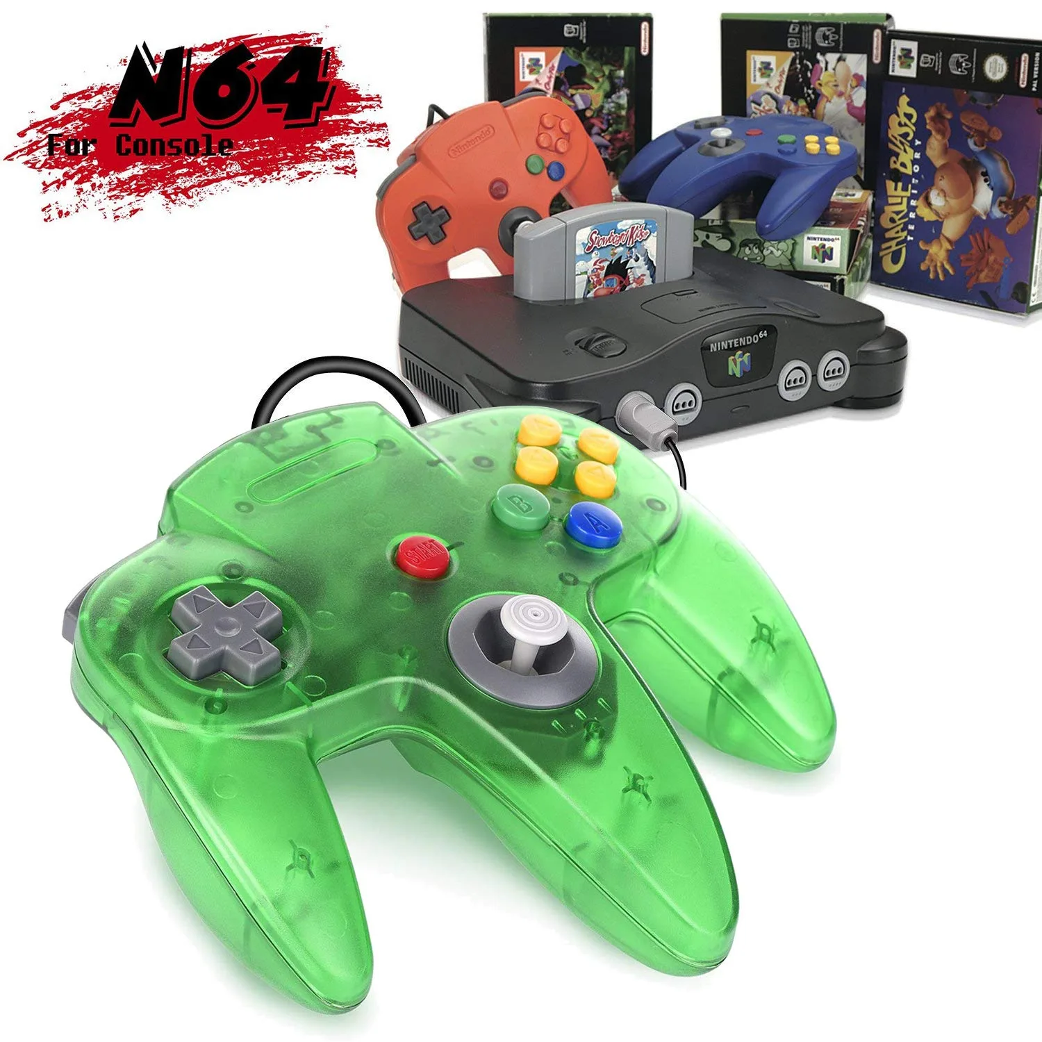 miadore 2-Pack Wired Classic 64 Controller Bundle with 2 Extension Cords [1.8m/6ft ] Compatible with N64 Video Game Console (Clear Orange and Green)