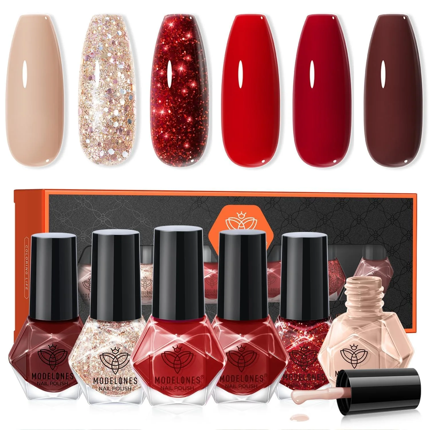 modelones Quick Dry Nail Polish Set, 6 Colors Red Nude Gold Glitter