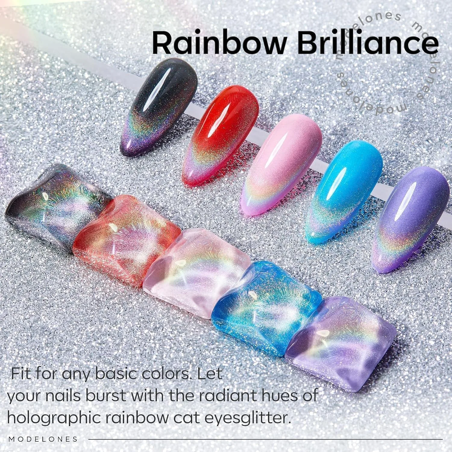 modelones Cat Eye Rainbow Gel Nail Polish Silver Glitter Holographic
