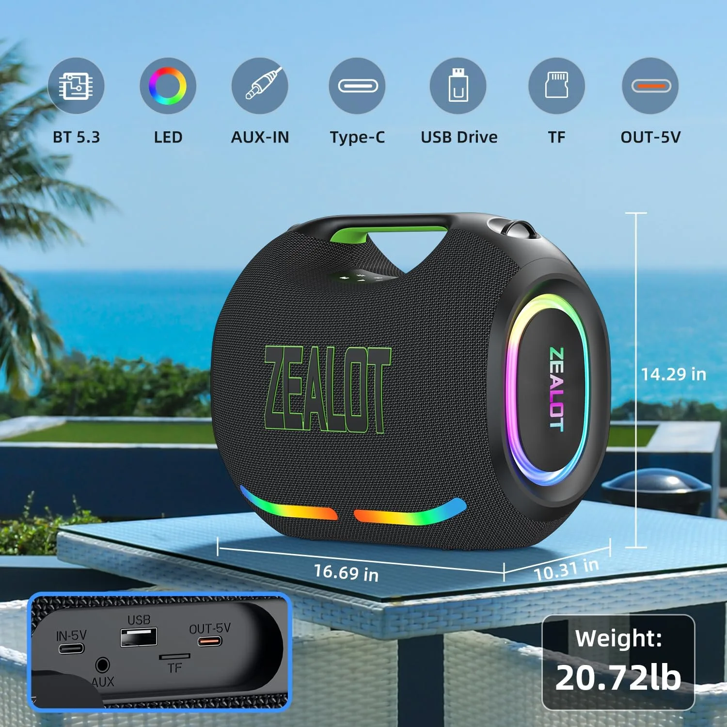 ZEALOT Loud Portable Bluetooth Speaker, 350W Max Wireless with LED Light, Dual Pairing, XBass, Bluetooth 5.3, 48000mAh, Outdoor Waterproof Speaker for Camping, Beach and Party