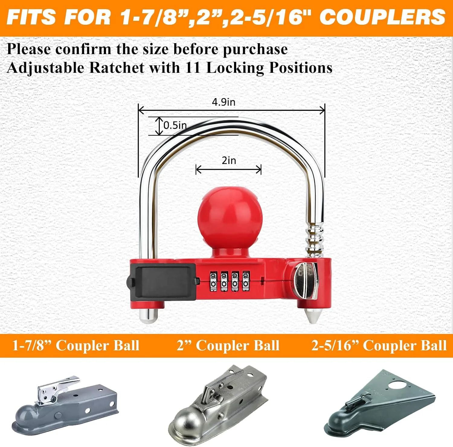 Funmit 1 Pack Universal Hitch Lock with Combination Lock, Red