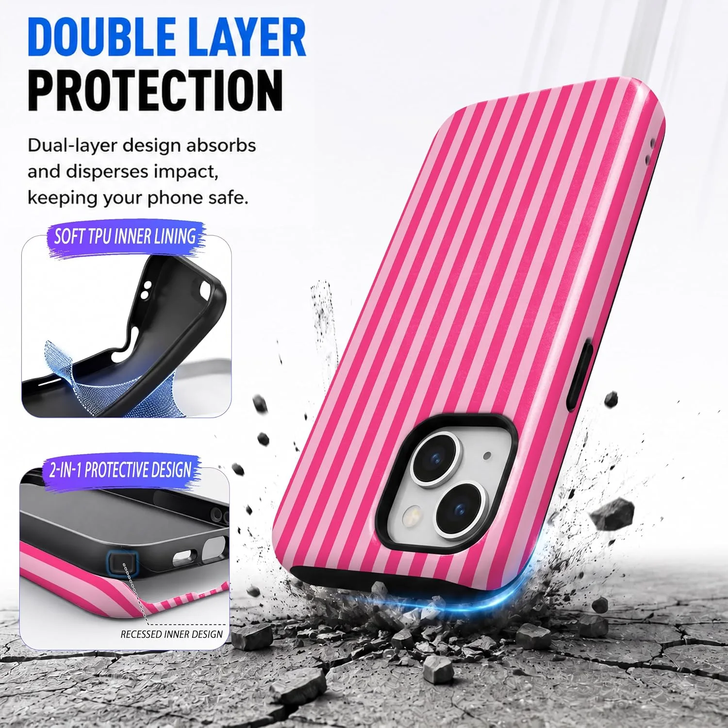 Magnetic for iPhone 13/14 Phone Case, Cute Trendy Hot Pink Striped