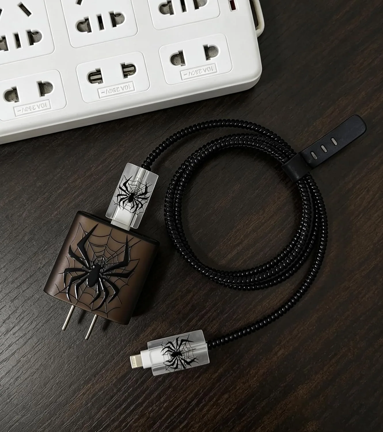 Compatible with iPhone 18W/20W USB-C Charger Protector Cover, 3D Cute Cartoon Charger Case for Apple iPhone 20W USB-C Power Adapter and Lightning Cable Protective Wire Saver (Black Spider)