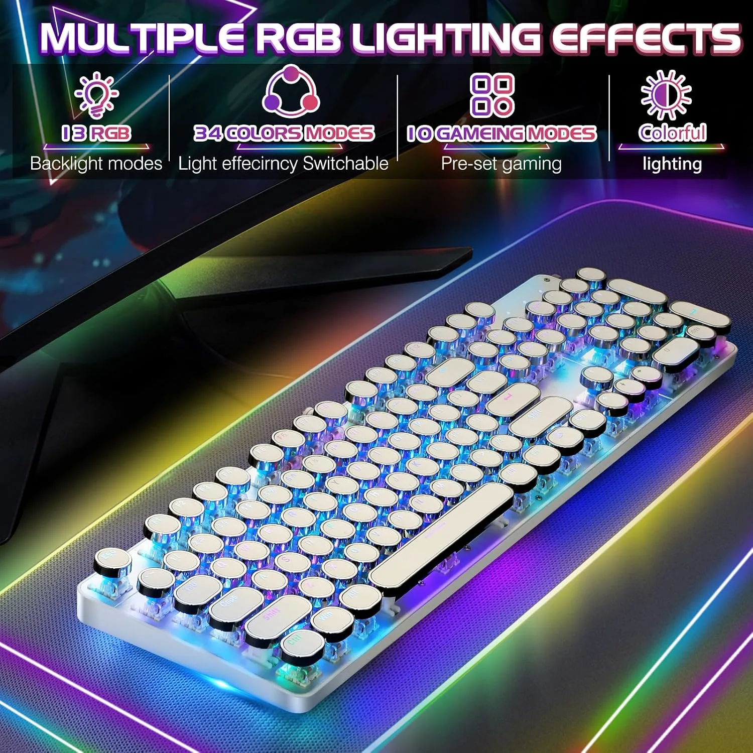 YSCP Typewriter Style Mechanical Gaming Keyboard RGB Backlit Wired with Blue Switch Retro Round Keycap 104 Keys Keyboard (R-White)