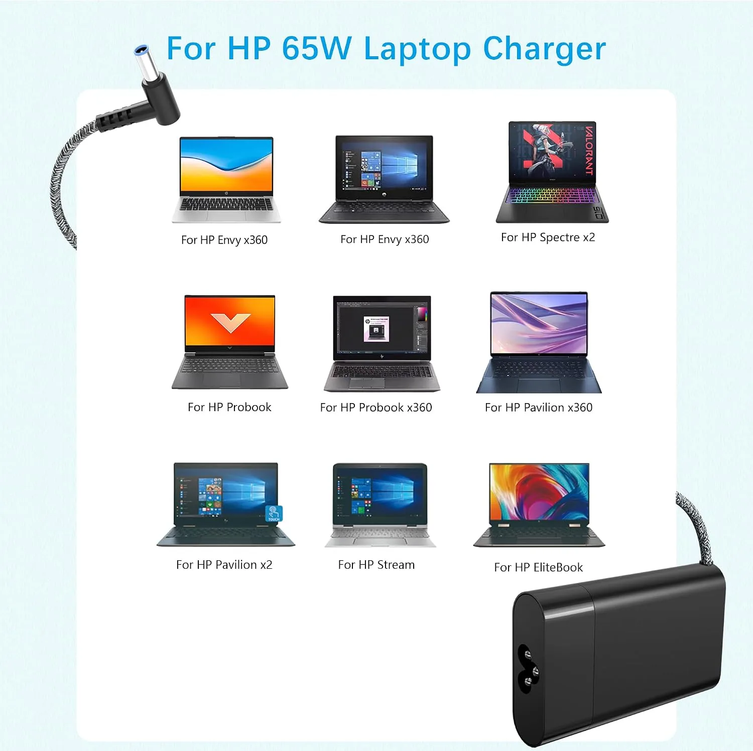 Slim 65W Laptop Charger for HP Envy x360,Spectre x360 13-4193nr 15-ap001nx 15t-ap000,ProBook x 360 11 450 650 640 G1 G2 G3 G4 G5 G6 G7,EliteBook Pavilion Stream Blue Tip Power Supply Cord