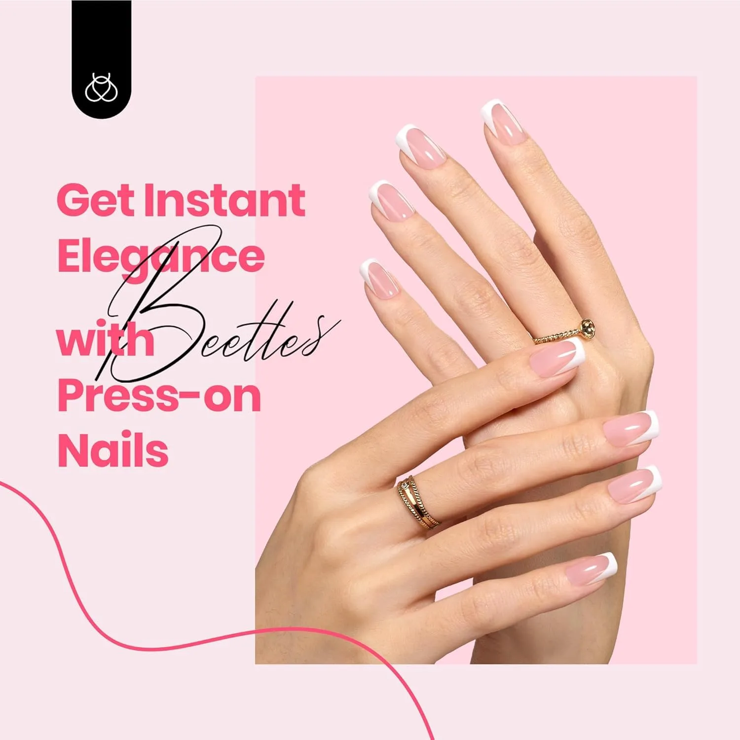 Beetles Short Squoval French Tip Press On Nails, Pink 64 Pcs 16 Sizes
