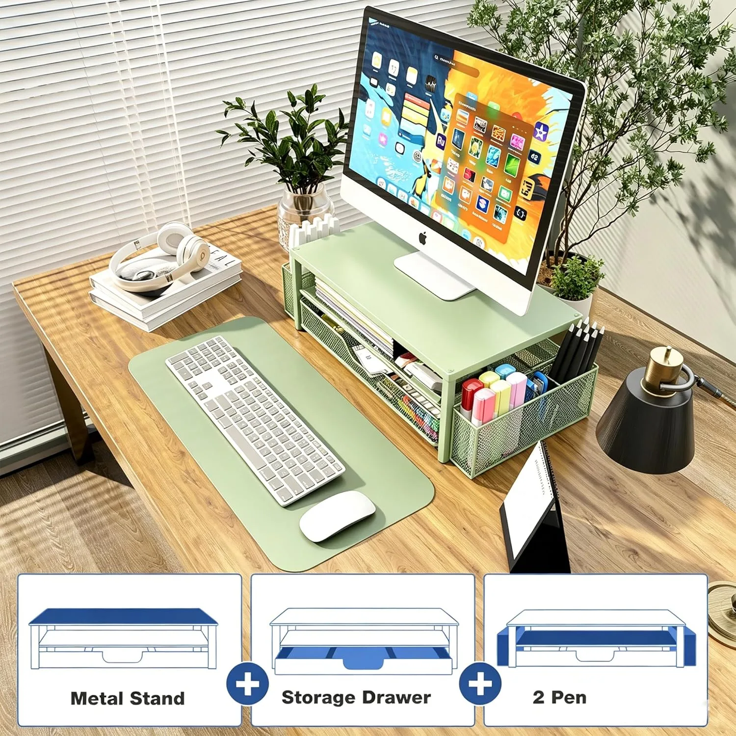 OPNICE Desk Organizer, Monitor Stand Riser with Drawer and 2 Pen Holders