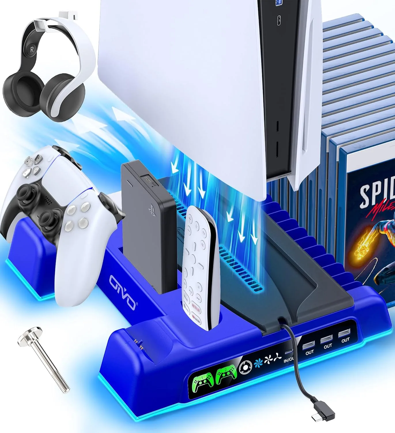 PS5/Slim/Pro Stand and Cooling Station with LED Controller Charging Station for PlayStation 5 Console, Controller Charger, Cooling Stand, PS5/Slim/Pro Skin Accessories Kit with 3 Level Cooler Fan