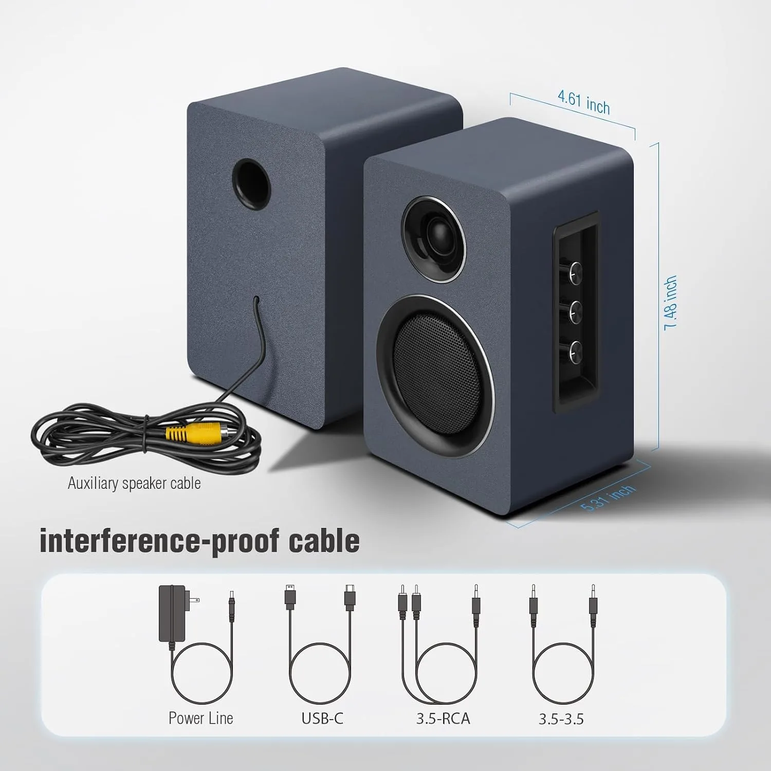 Computer Speakers, Bluetooth 5.3, USB-C, AUX/RCA, 3.5-Inch Woofer, Grey