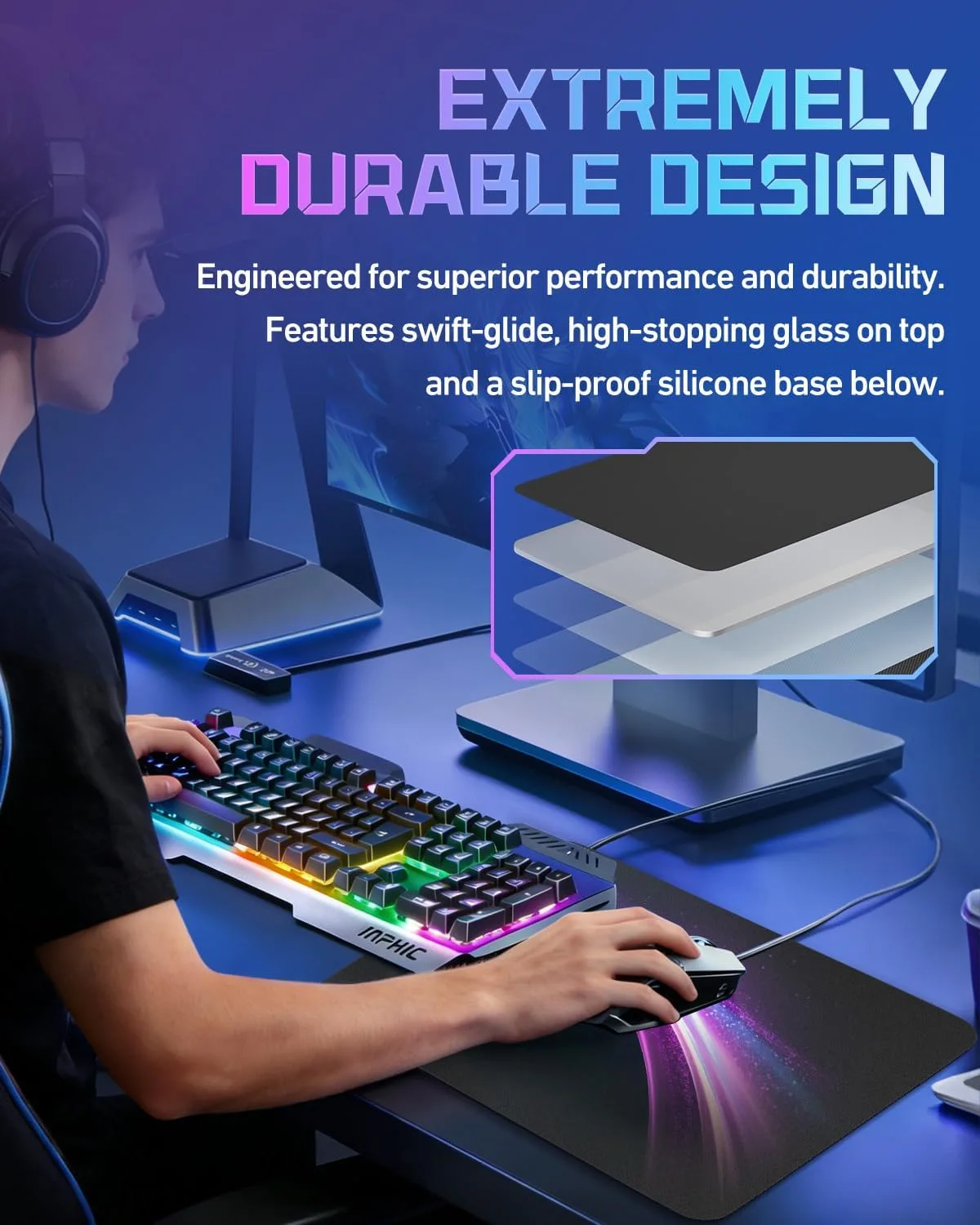 Glass Gaming Mouse Pad, 16.2 x 12.2 Inch, Black