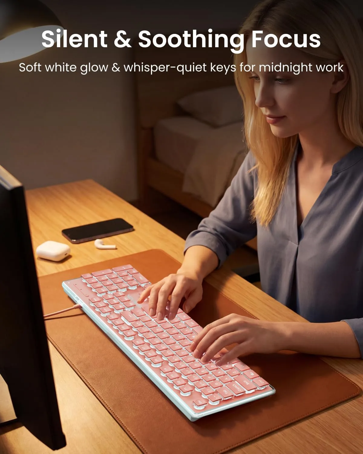 Wired Keyboard with White Backlit, Never Fade, Soft Click Typing, Pink
