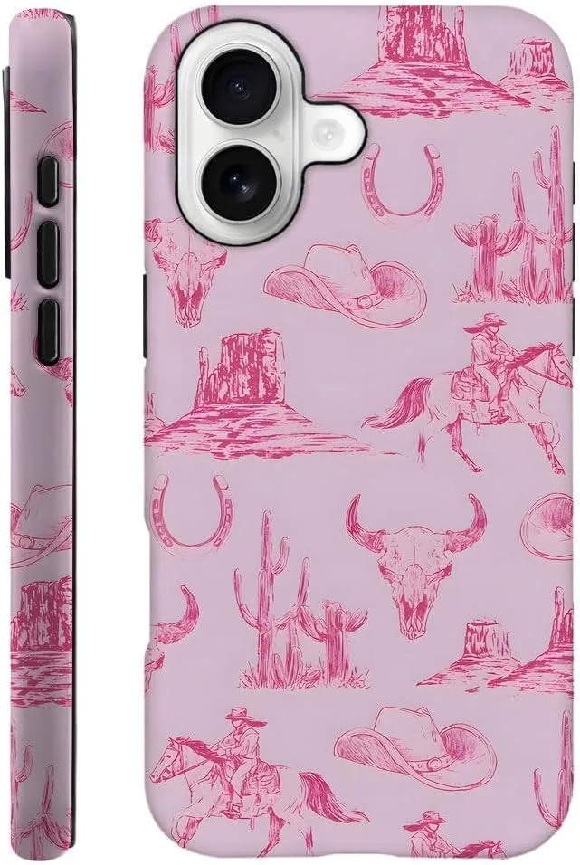 Case Compatible with iPhone 17,Fall Prevention Hybrid 2-Layer Hard Shell Phone Cover for Girls Boys,Pink Hat Horse Western Cowboy