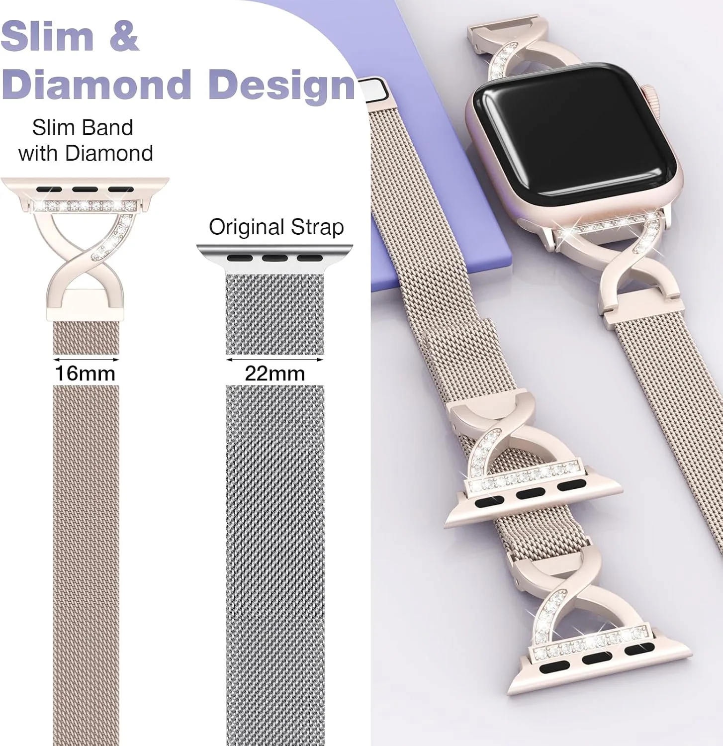 Thin Mesh Loop with X-Shape Clasp Compatible with Apple Watch Bands Women